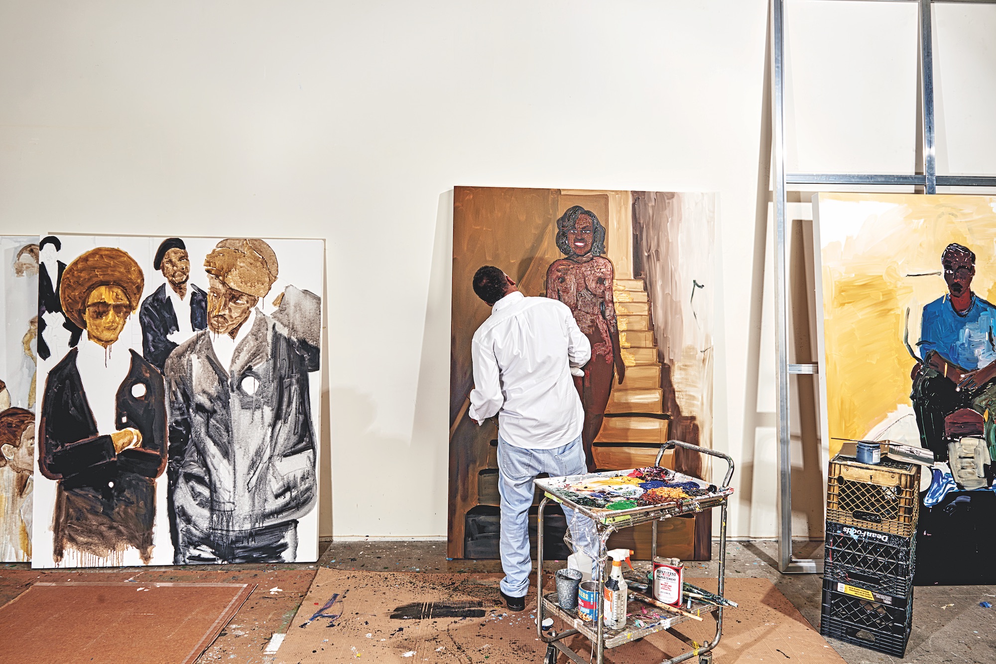 Henry Taylor at work on a painting inspired by Gerhard Richter's Ema (Nude on a Staircase). 