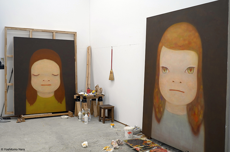 A studio view of Yoshitomo Nara’s Midnight Thinker and a painting in progress.