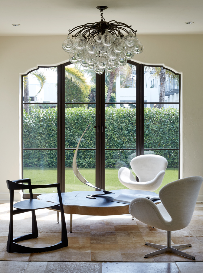 A custom handblown-glass chandelier by Dawkins in a home in Miami Beach. 