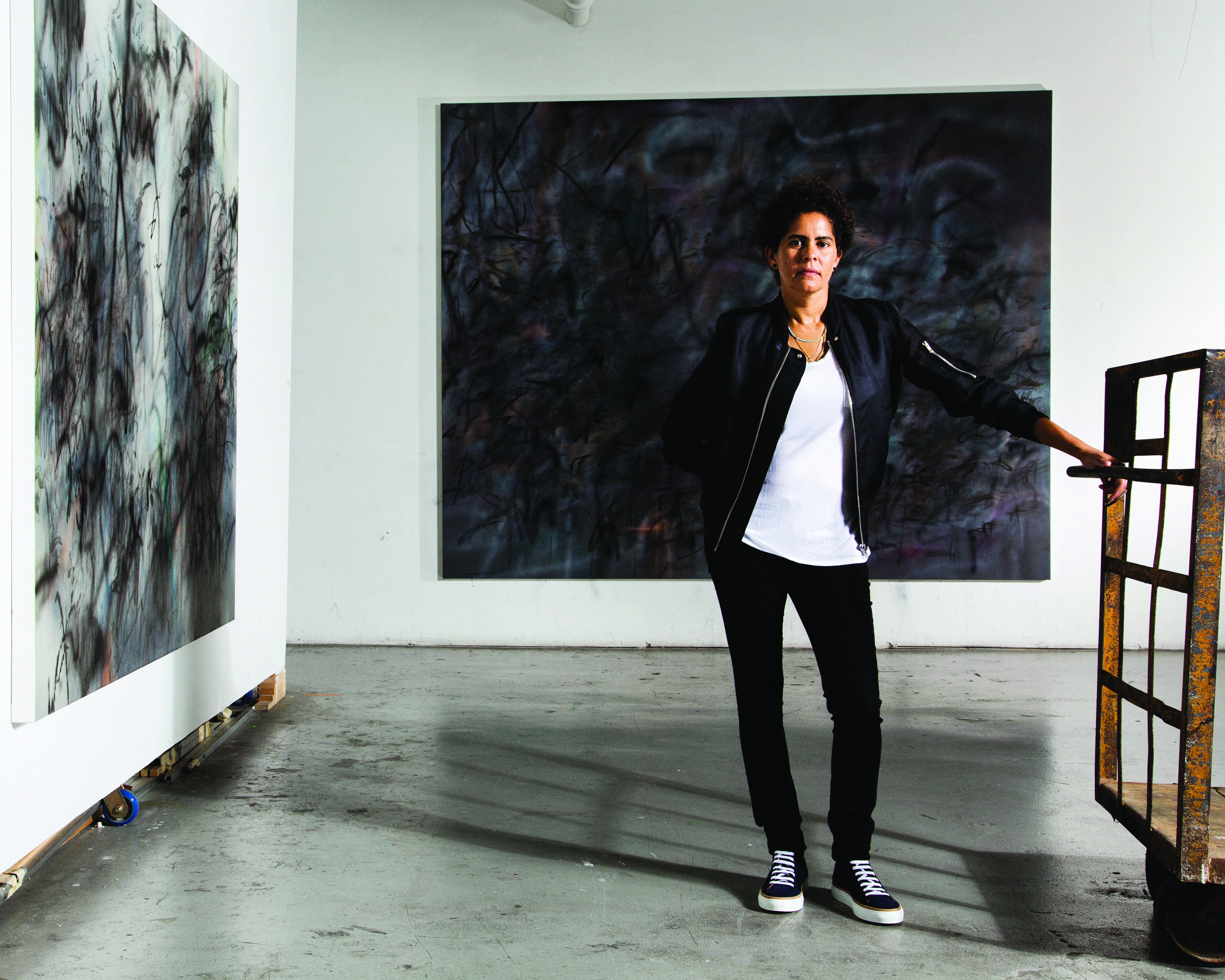Mehretu in her New York studio, with works included in her solo show at Marian Goodman Gallery “Hoodnyx, Voodoo and Stelae. All photos by Landon Nordeman produced by Michael Kirkland. 