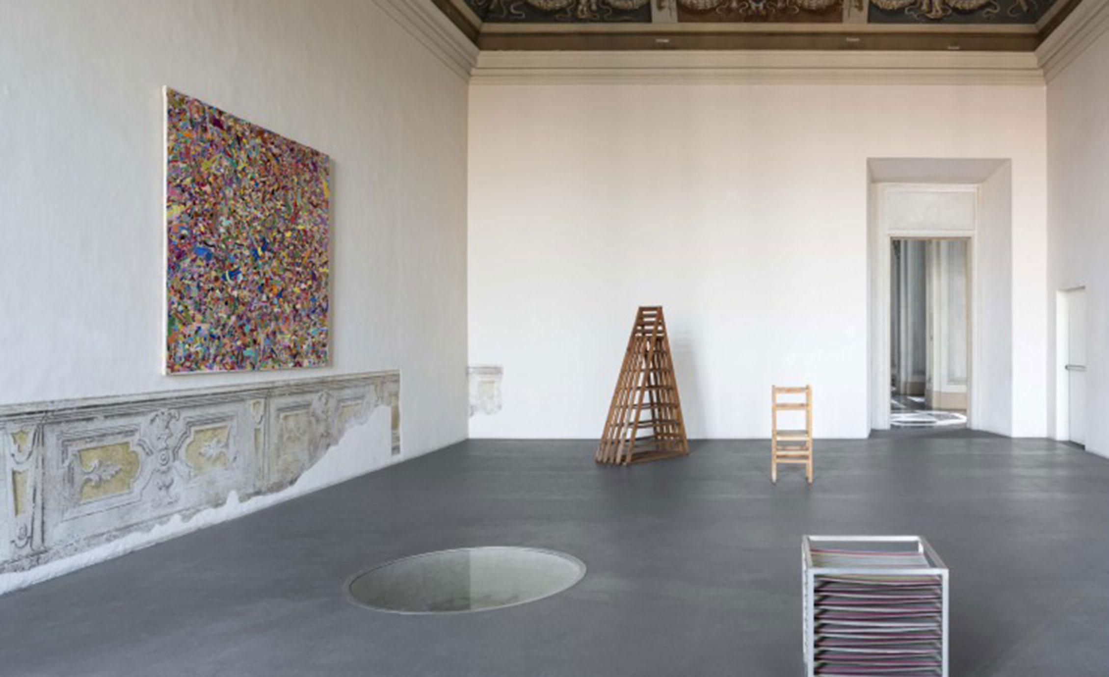 The Castello di Rivoli's gallery dedicated to Italian artist Alighieri Boetti featuring (from left to right) Tutto (Everything), 1987-88, Scala (Ladder), 1966, and Zig-Zag, 1966.