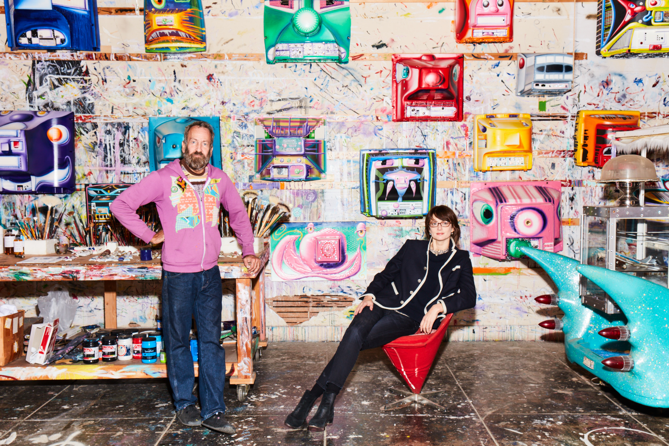 Kenny Scharf and Honor Fraser in his Los Angeles studio. 