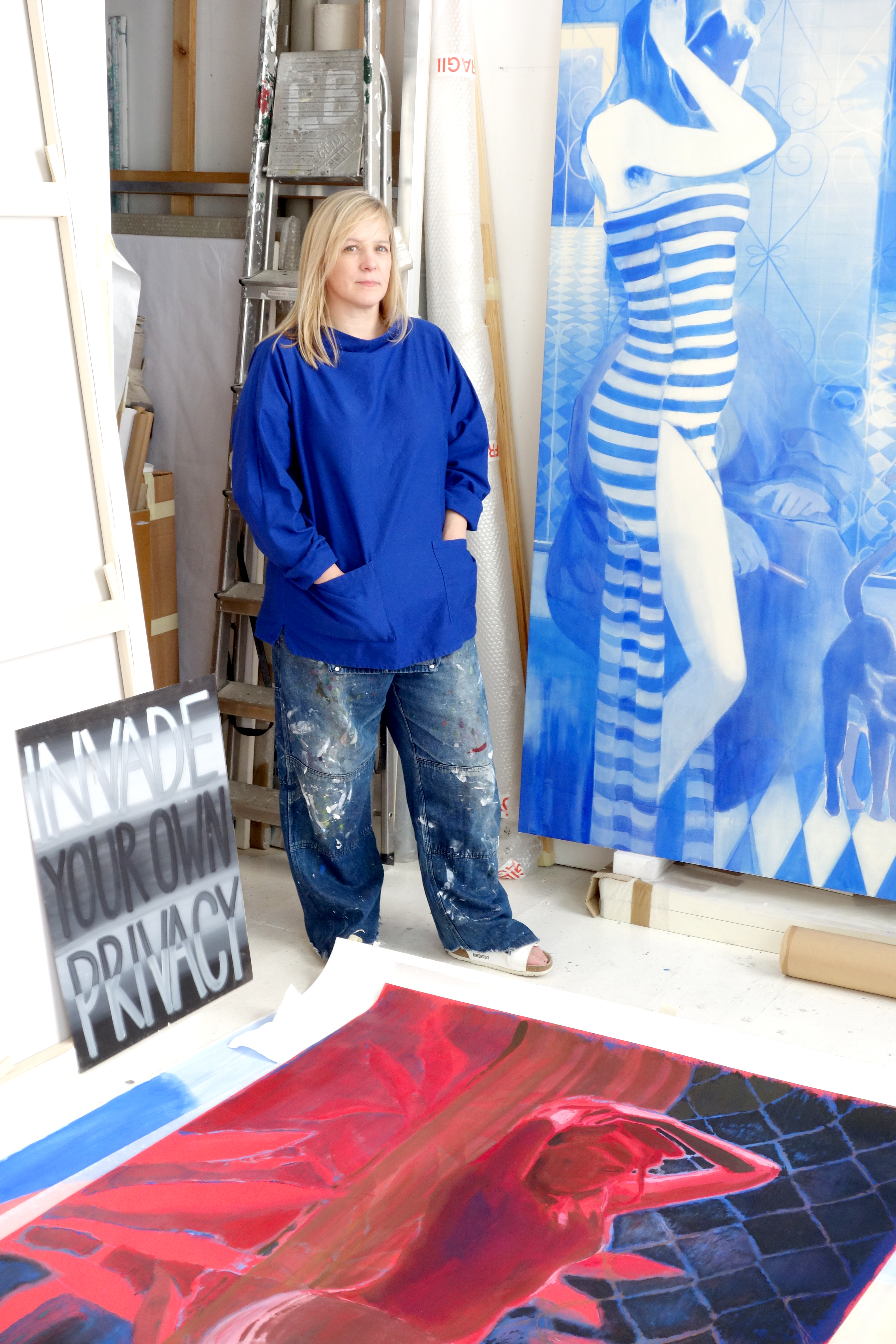 Lisa Brice in her studio in London with Between This and That, 2017, right, and Boundary Girl (Natalie), 2009-2017, foreground.