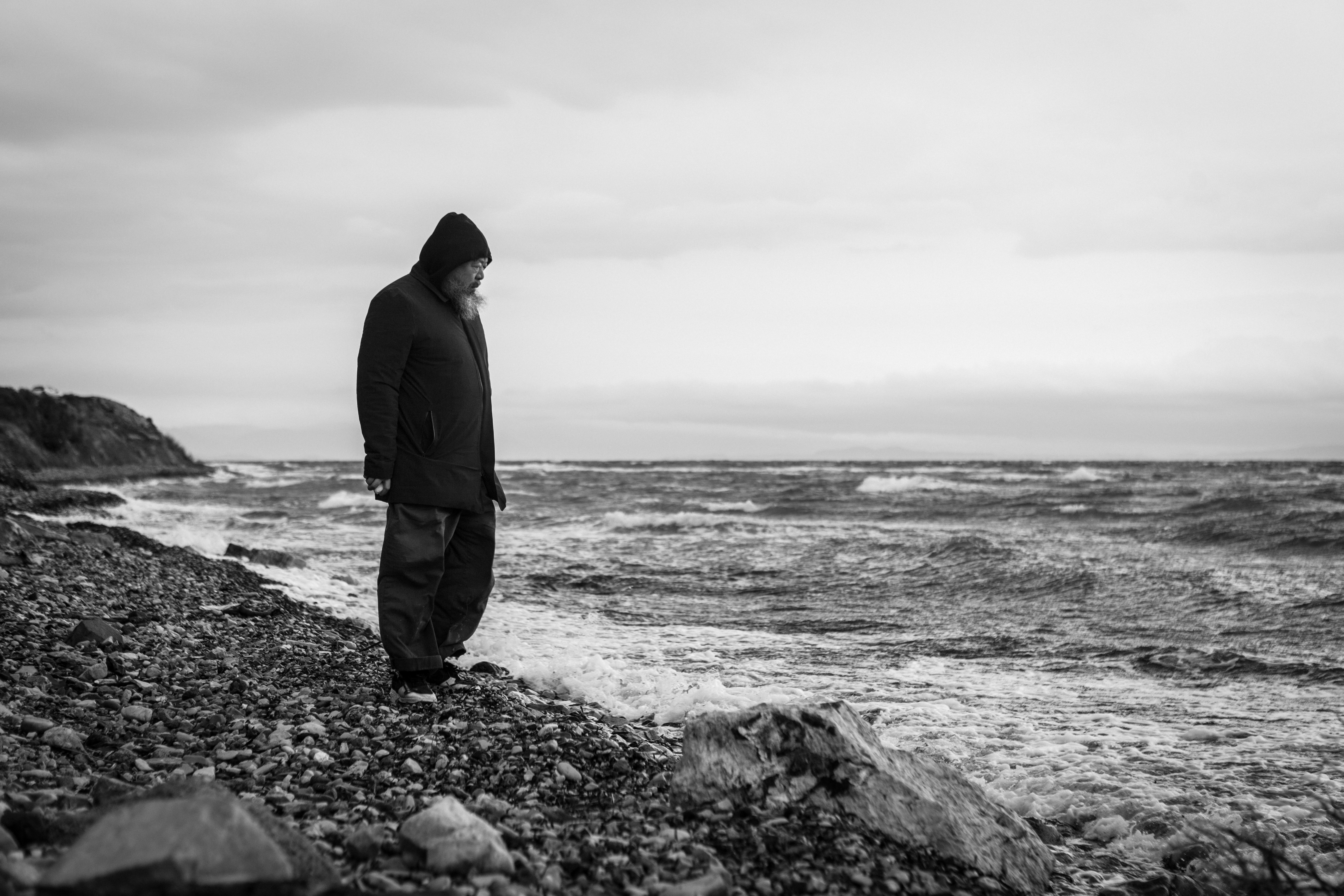 Ai Weiwei in Lesbos, Greece, during the filming of Human Flow.