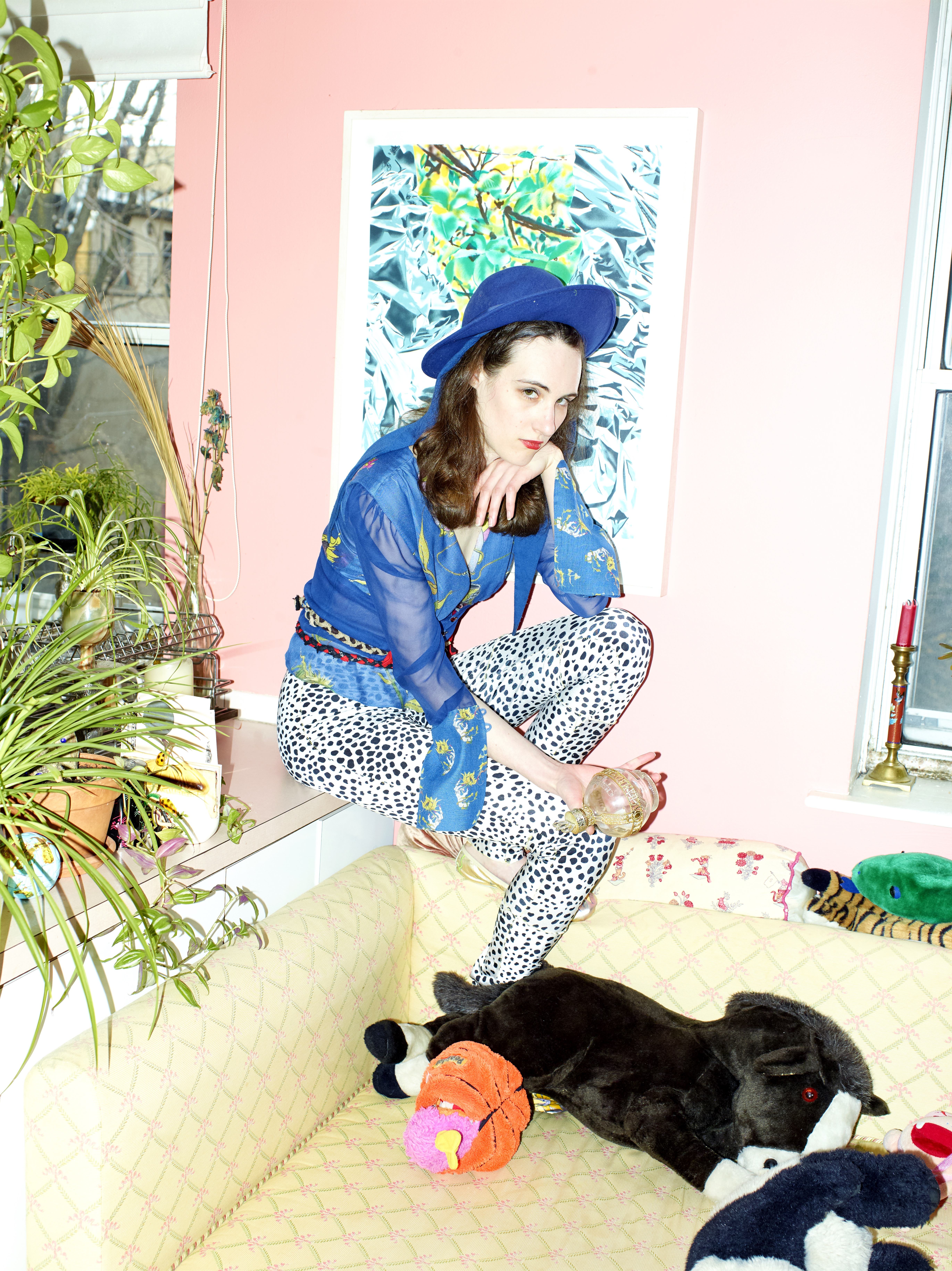 Raffaella Hanley in her apartment studio wearing a top from her collection, Sod Walker. 