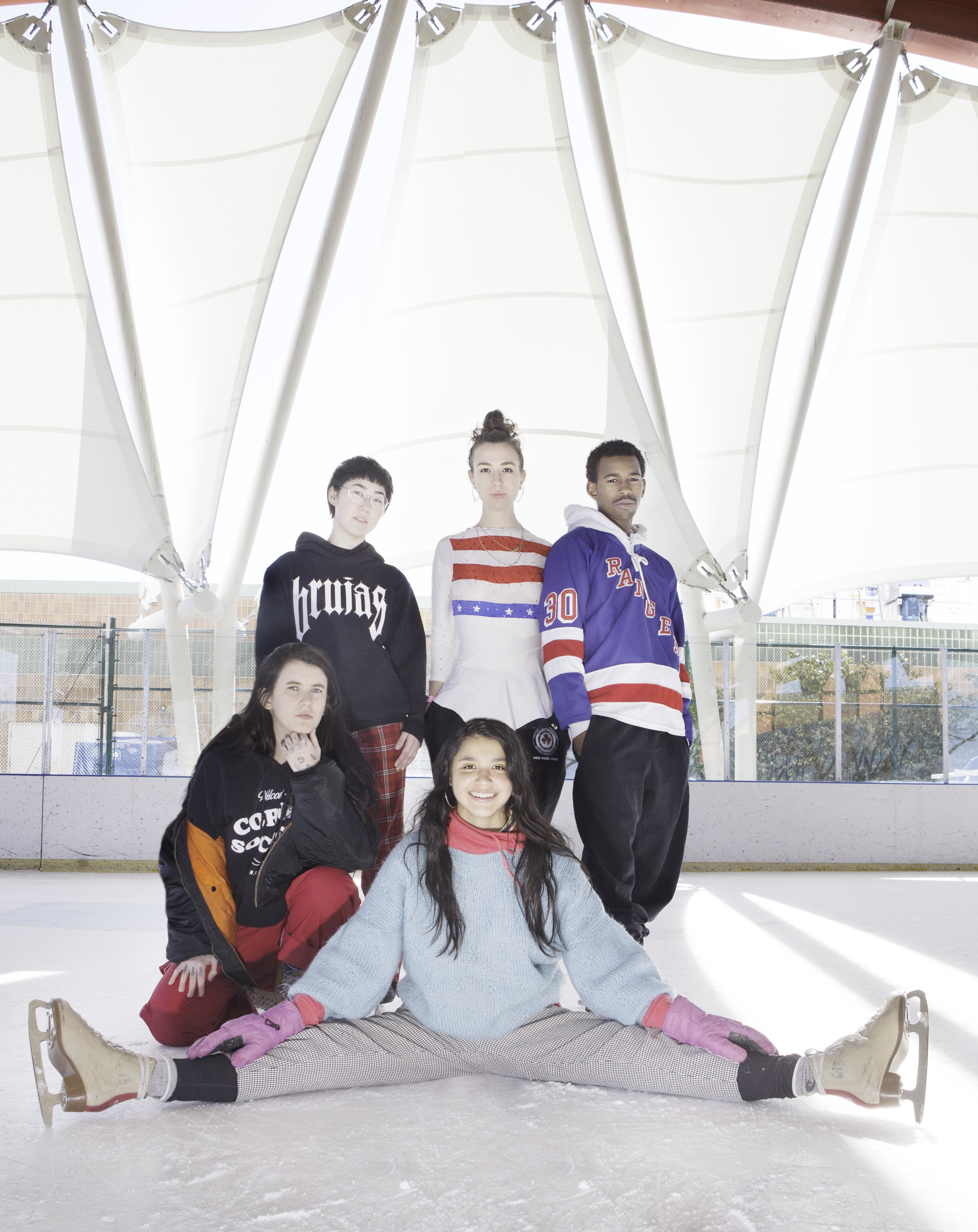 Members of Brujas (clockwise from left: Ripley Soprano, Sarah Snider, Arianna Gil, Taj Williams and Antonia Perez) at Riverbank State Park Ice Rink in New York. 