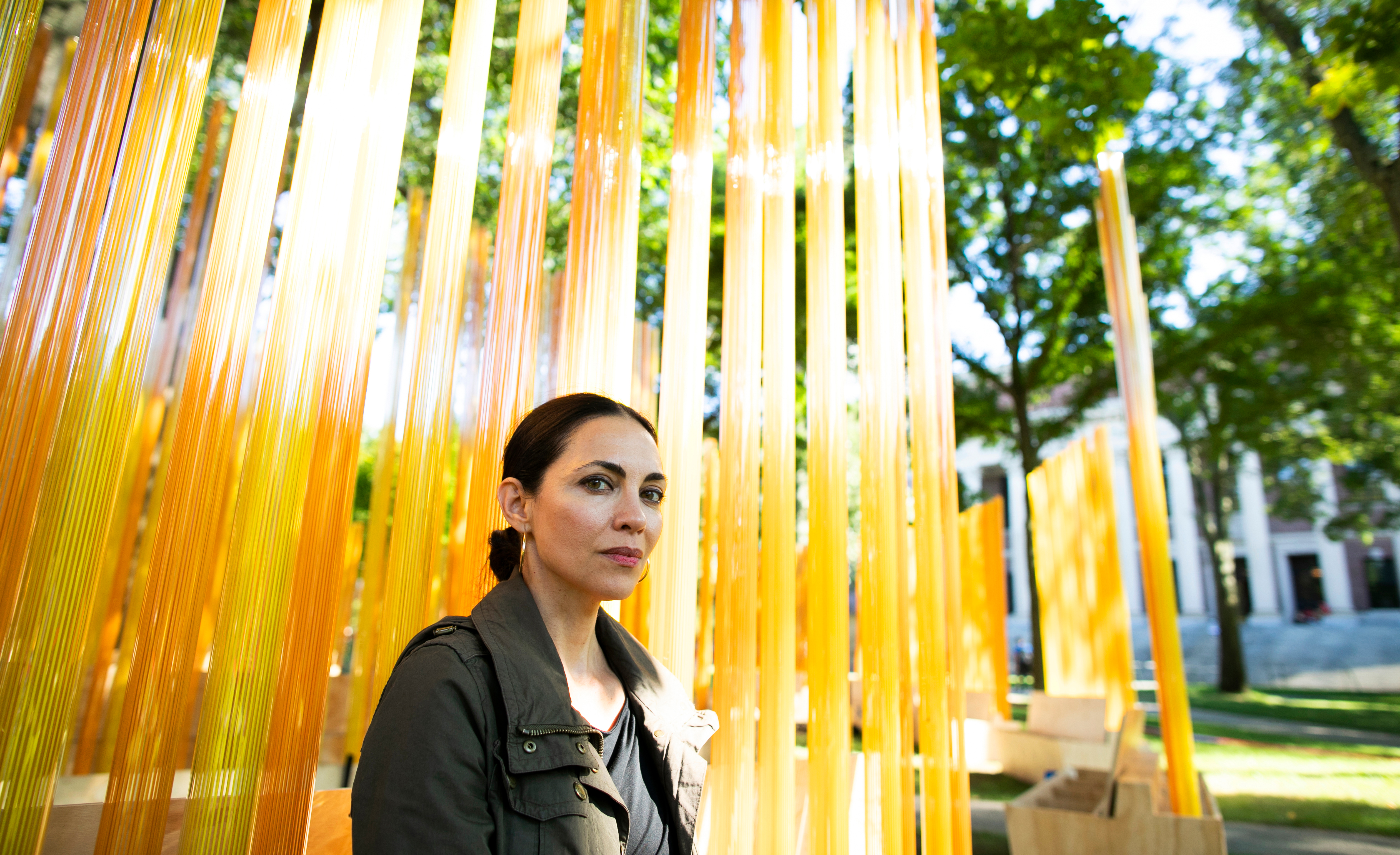 Teresita Fernández and her installation Autumn (…Nothing Personal) at Harvard Yards. Courtesy of Harvard University. 