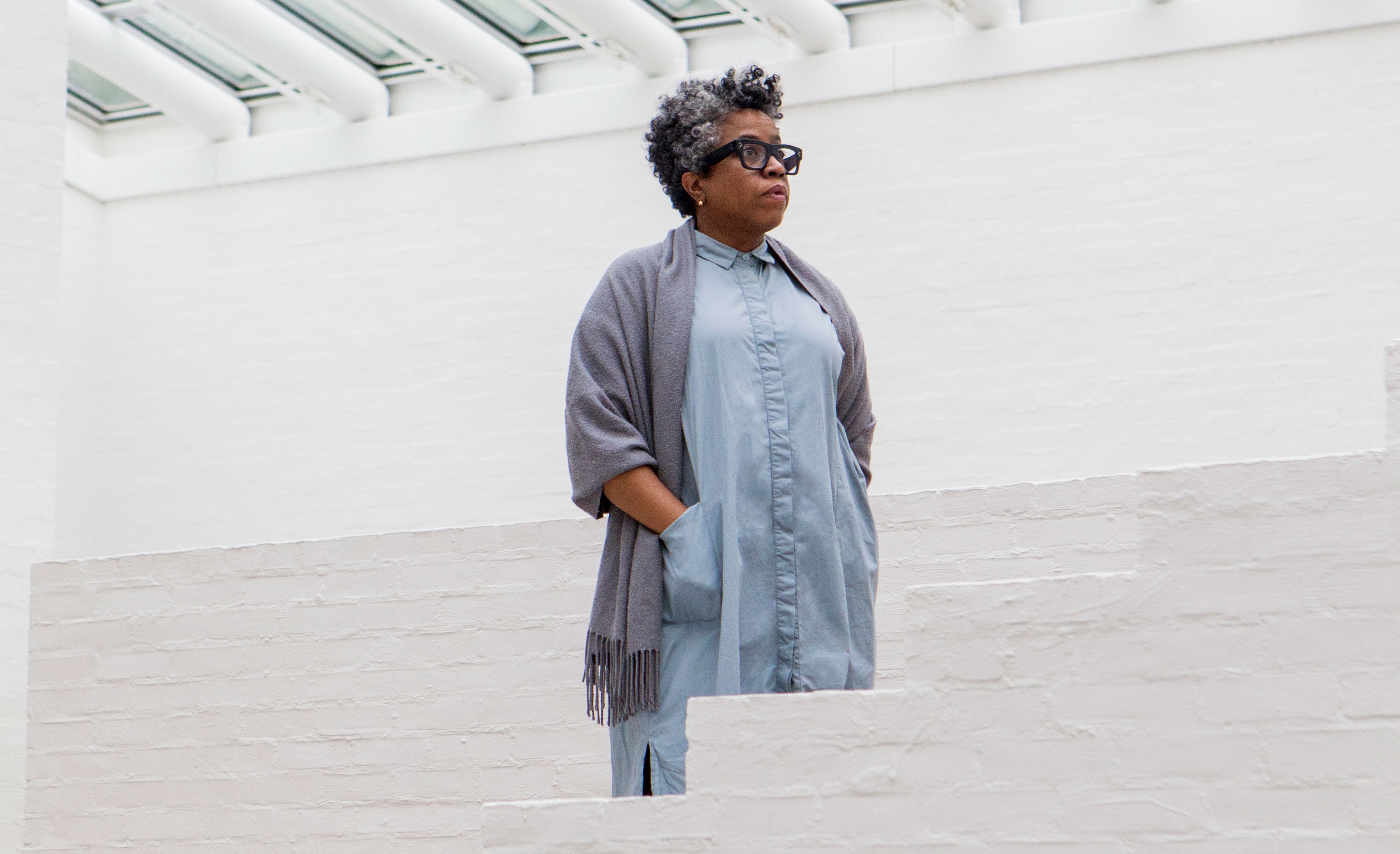 Jennie C. Jones in the Philip Johnson Glass House Sculpture Gallery, where her site-specific audio collages are on view this fall.