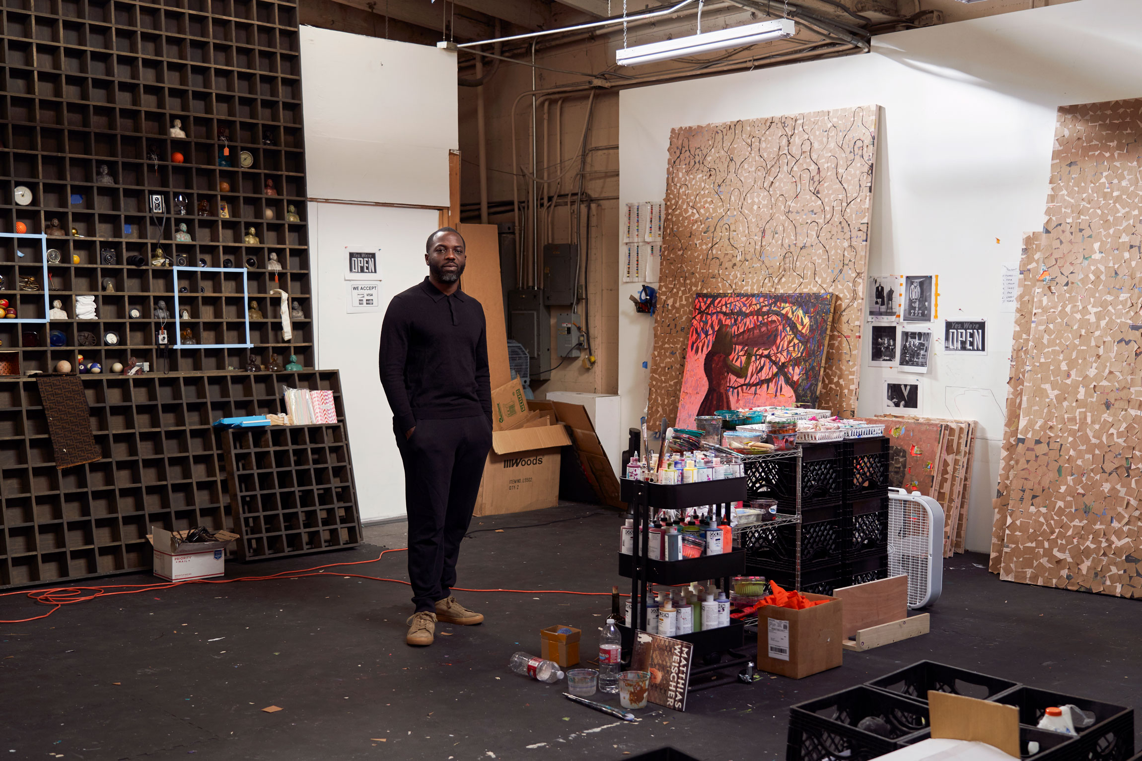 Derek Fordjour in the Boyle Heights studio where he created the works on view in “JRRNNYS,” his Los Angeles debut at Night Gallery, 2018.