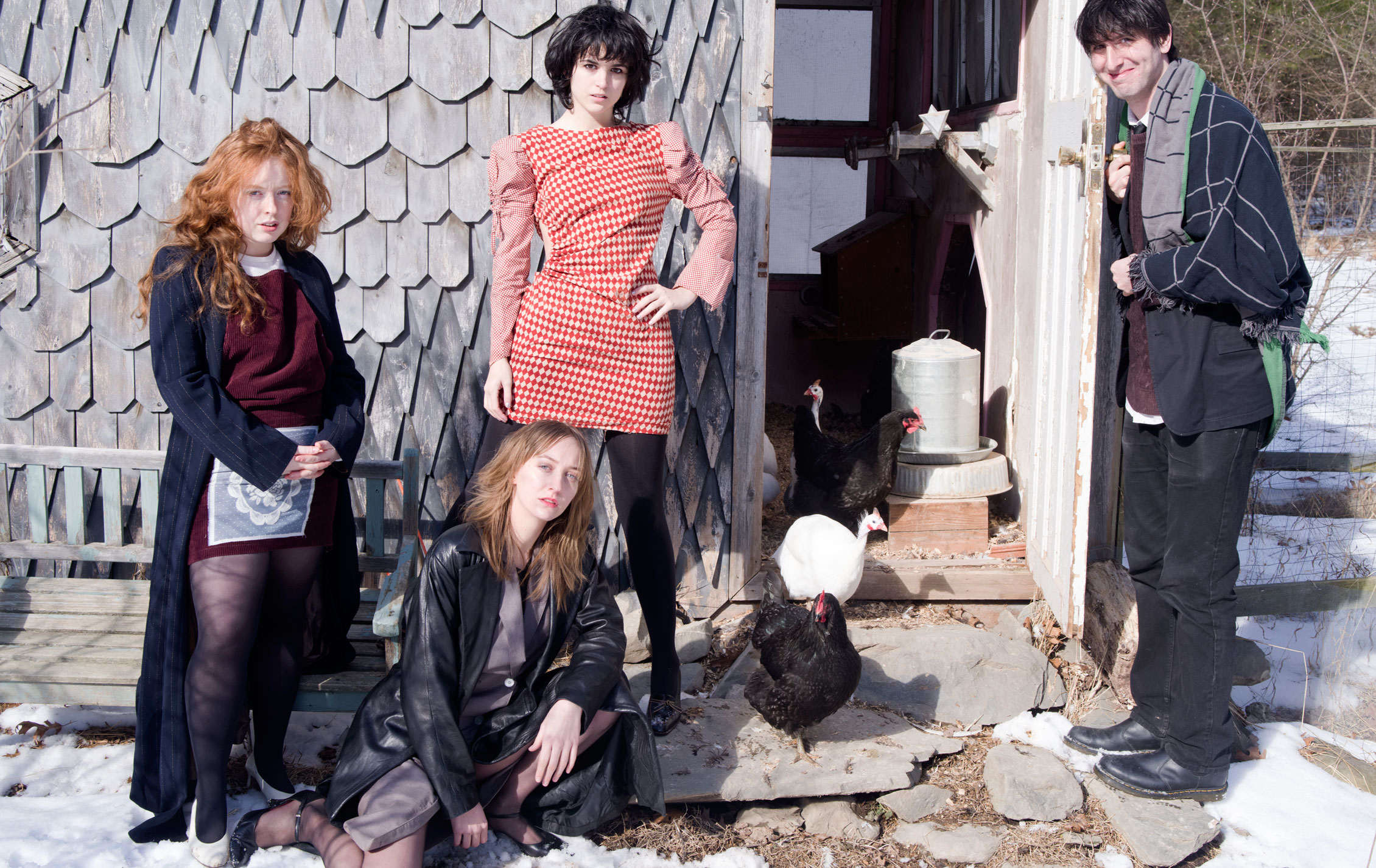 The Zhe Zhe cast ditches the city for Dana Hoey’s upstate farm. Fowl followed. From left: Ruby McCollister, Emily Allan Leah Hennessey and E.J. O’Hara.