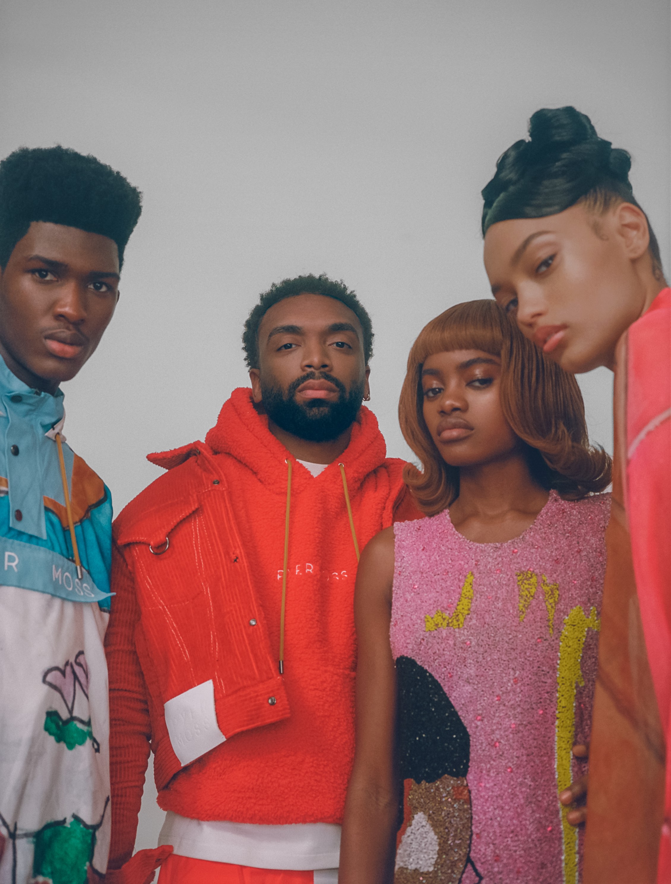 Anarcius Jean, Kerby Jean-Raymond, Elizabeth Ayodele and Lameka Fox wearing Pyer Moss SS19.