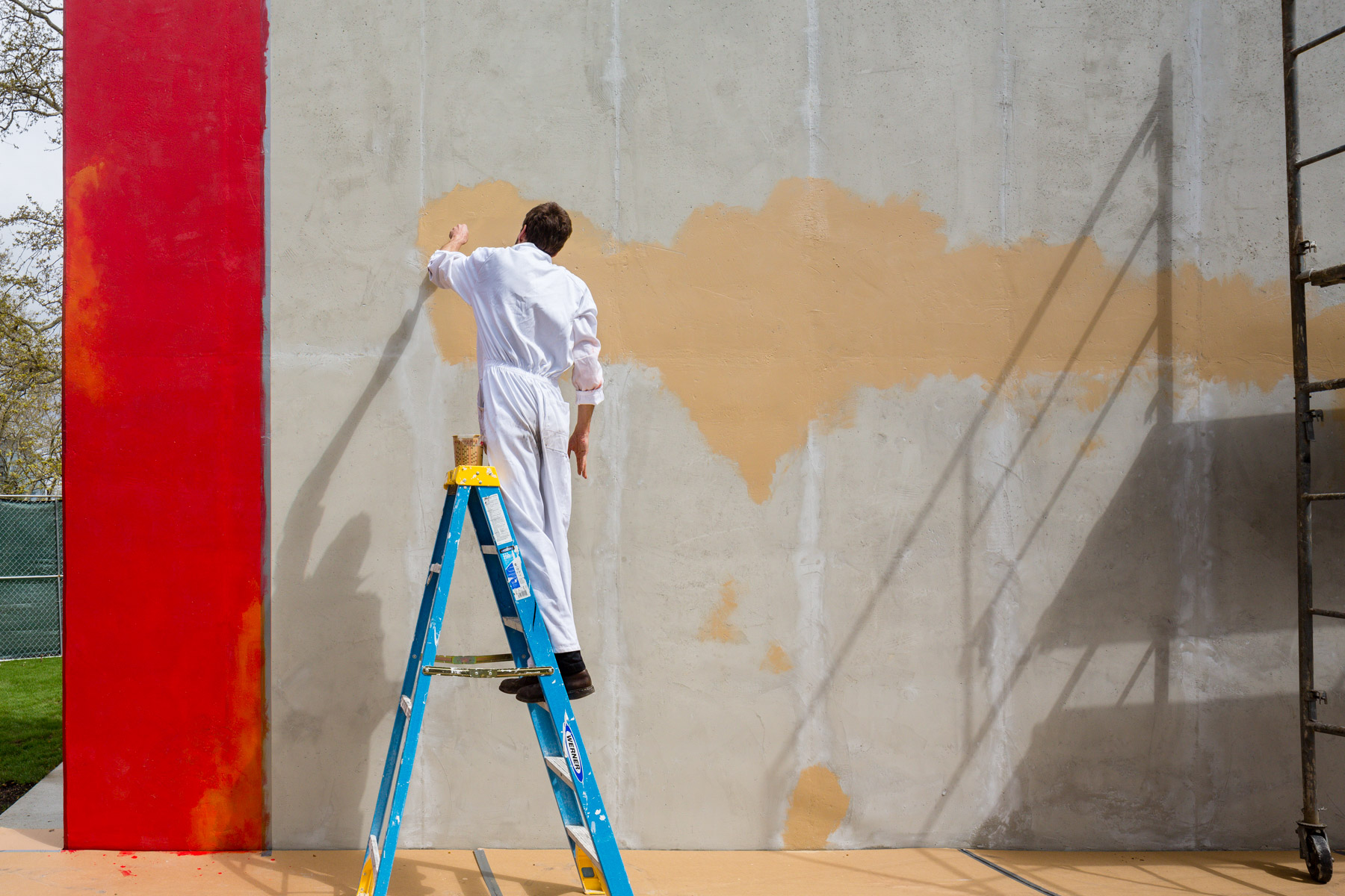 Harold Ancart In-process painting of Subliminal Standard at Cadman Plaza Park presented by Public Art Fund, 2019, Photo: Nicholas Knight courtesy of Public Art Fund, NY.