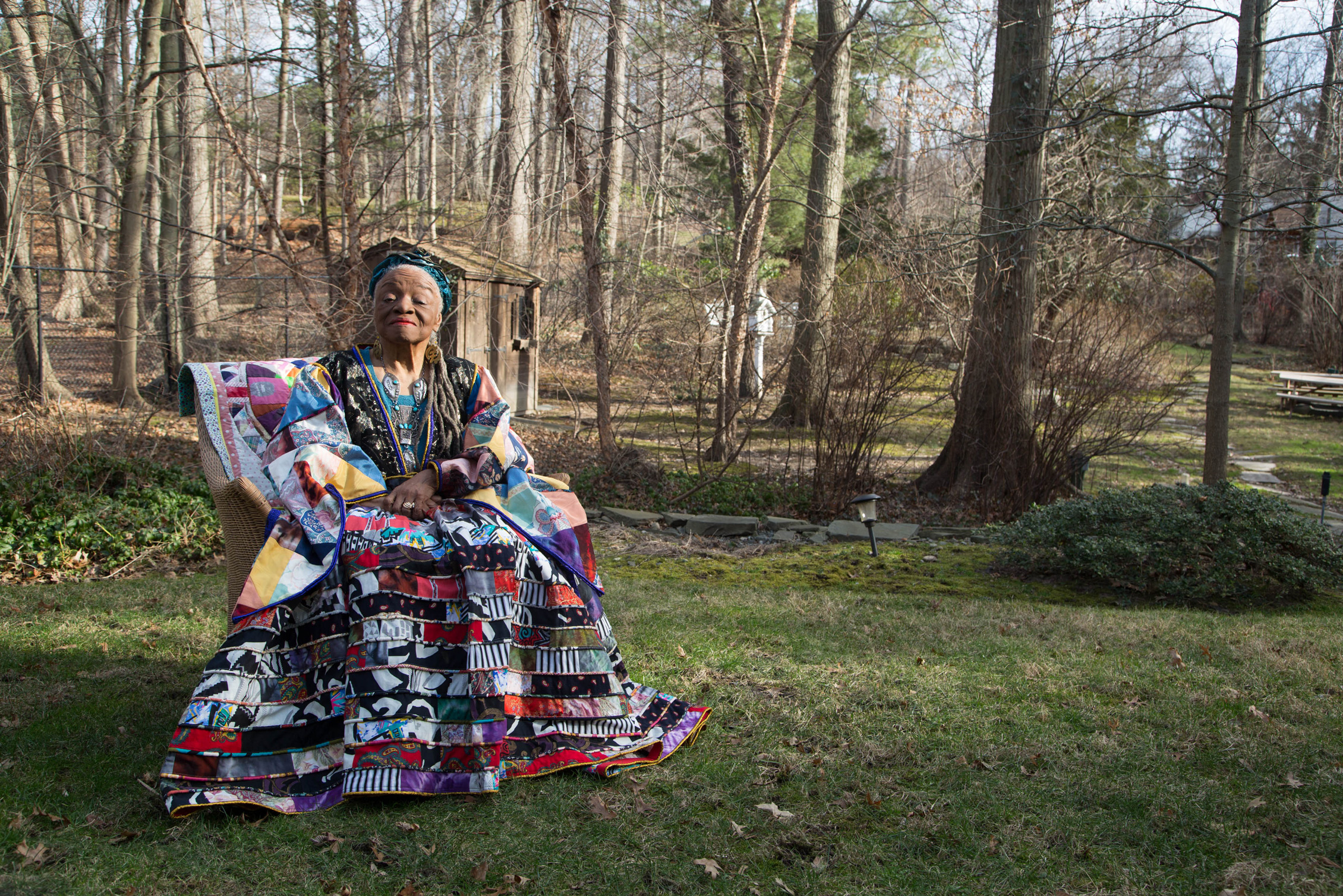 Faith Ringgold at her home in Englewood, New Jersey, wearing a garment of her own design, 2019. 