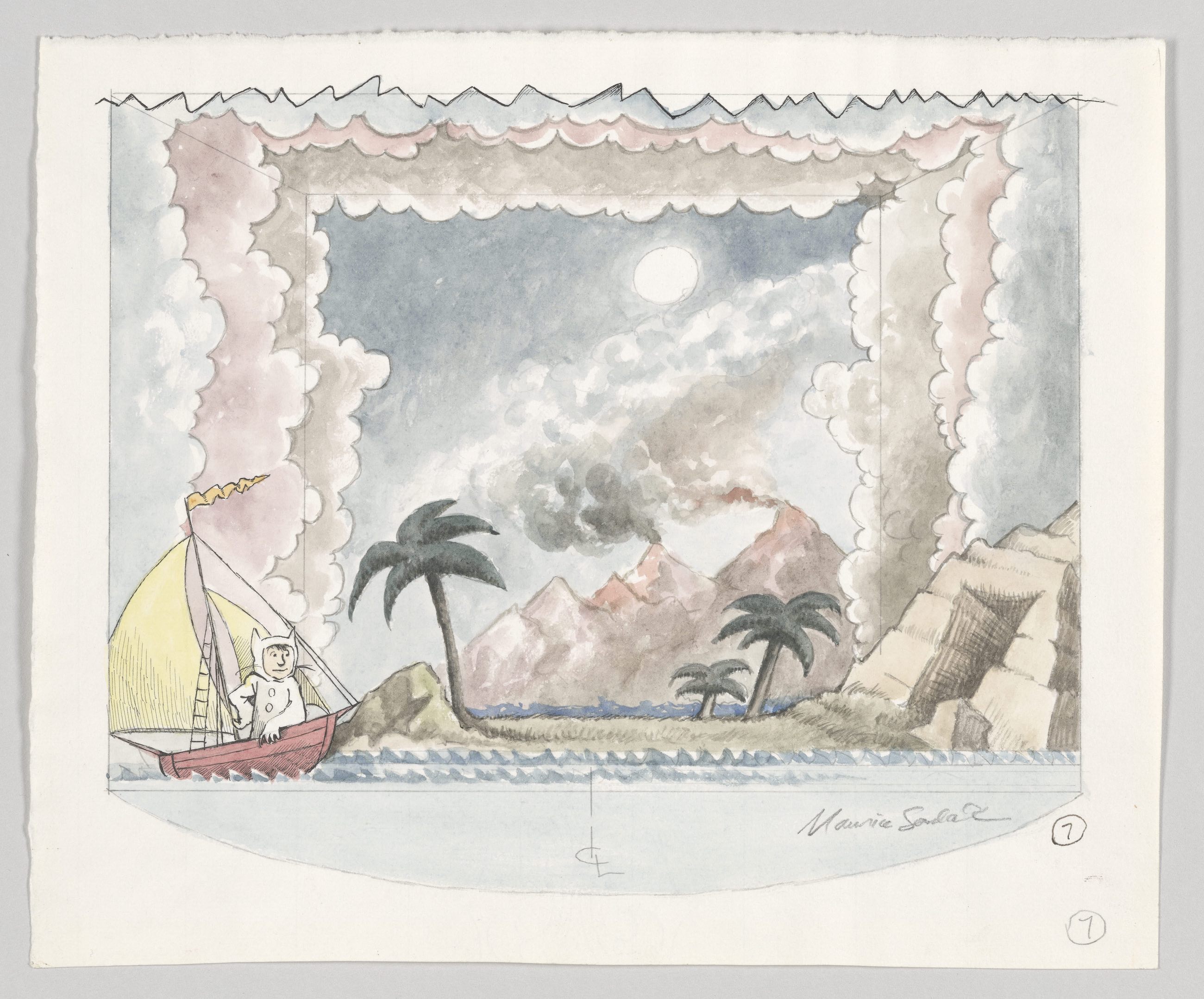 Maurice Sendak, Study for stage set #7 (Where the Wild Things Are), 1979–83. Watercolor, pen and ink, and graphite pencil, 95/16 × 115/16 inches. (23.7 × 28.7 cm) © The Maurice Sendak Foundation. The Morgan Library & Museum, Bequest of Maurice Sendak, 2013. Photography by Janny Chiu, 2018.