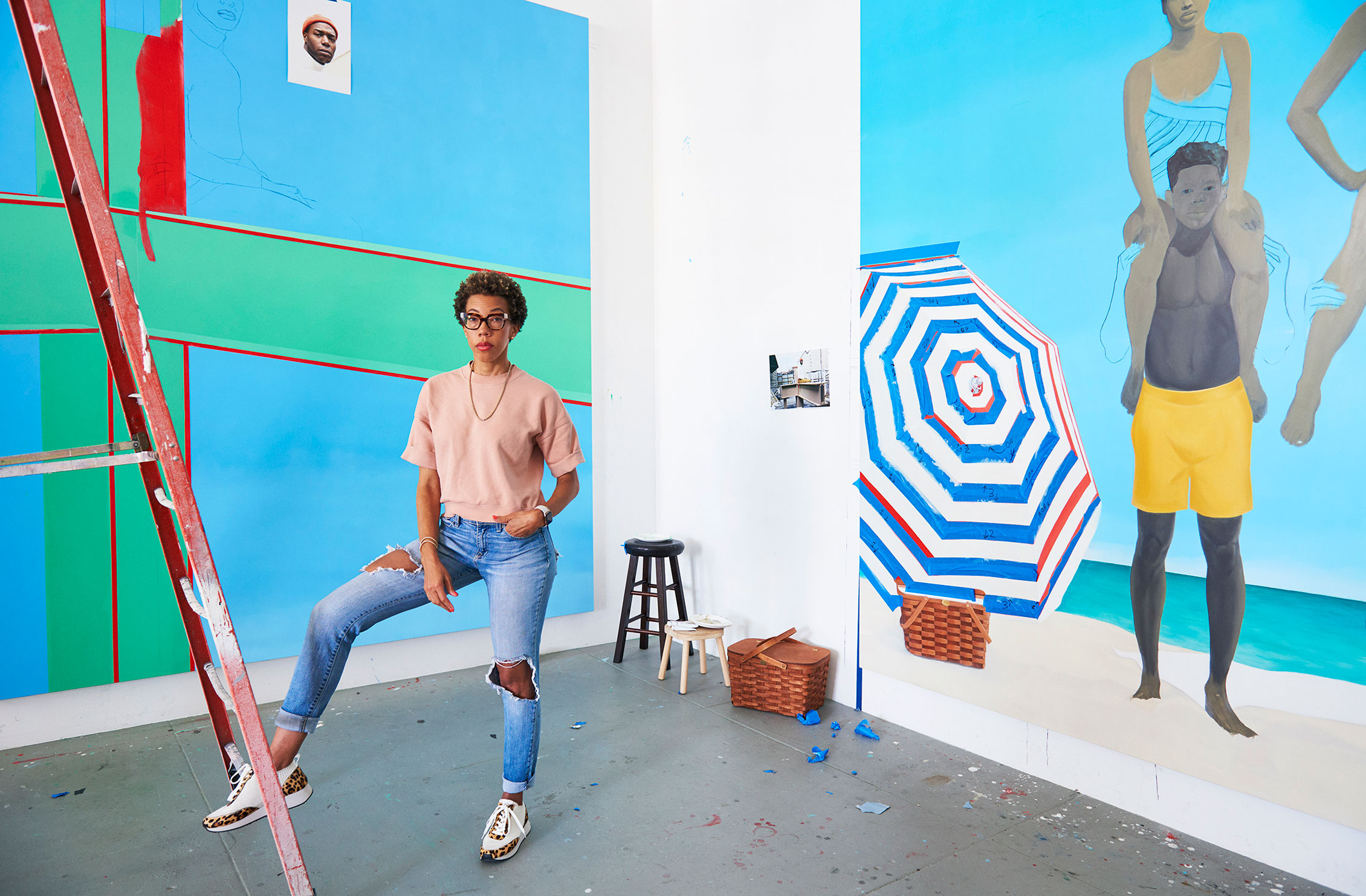 Amy Sherald in her studio with works in progress for her Hauser & Wirth debut.