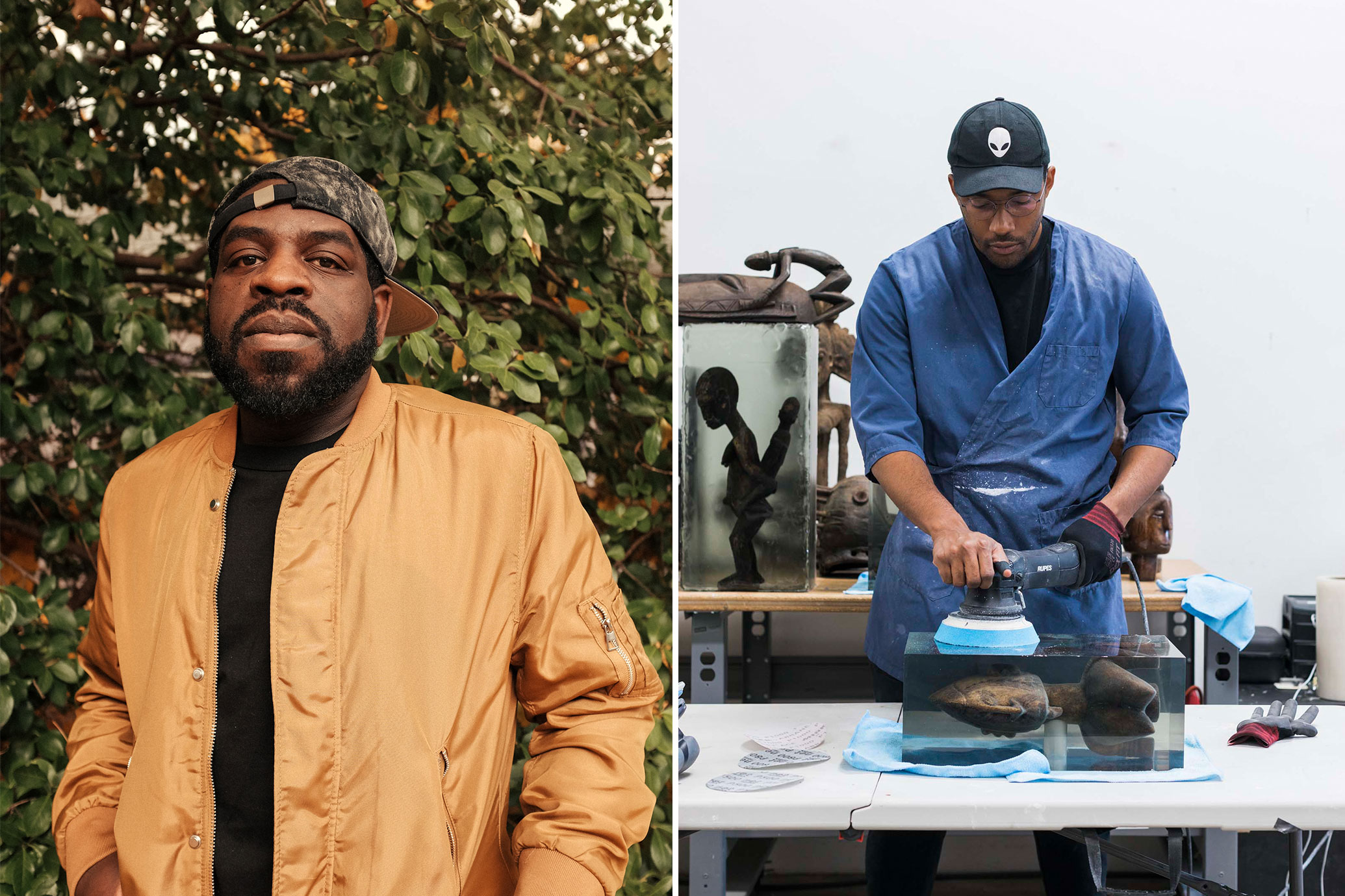 Hanif Abdurraqib, on left, and Matthew Angelo Harrison, on right. Abdurraqib portrait by Kate Sweeney. Image courtesy the artist. Harrison portrait by Claire Gatto. Image courtesy the artist and Jessica Silverman Gallery, San Francisco. 