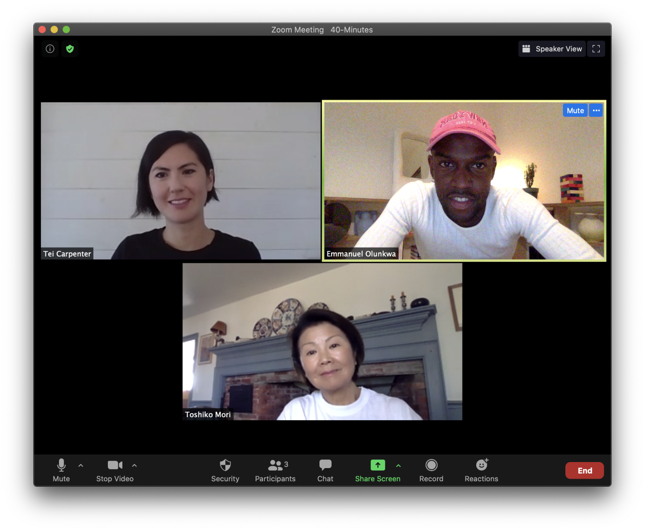 Architects Tei Carpenter and Toshiko Mori on a zoom call with Emmanuel Olunkwa.