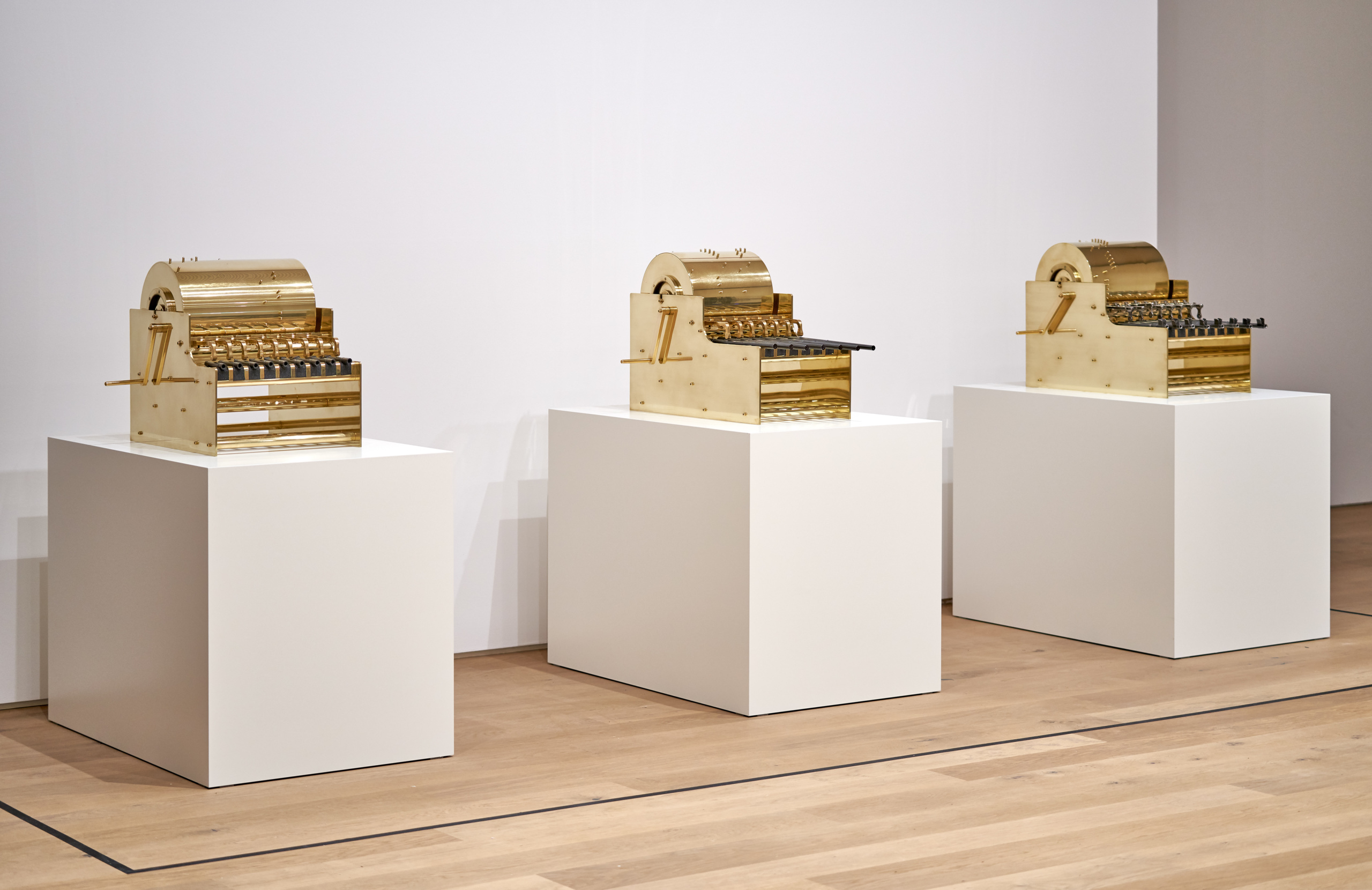 Pedro Reyes' Disarm Music Box (Glock/Mozart), Disarm Music Box (Beretta/Vivaldi), Disarm Music Box (Karabiner/Matter), 2020, Installation view Museum Tinguely, (l.t.r.) ​​​​​​​Courtesy of the artist © 2020 Museum Tinguely, Basel Photo: Daniel Spehr, related to the artworks 