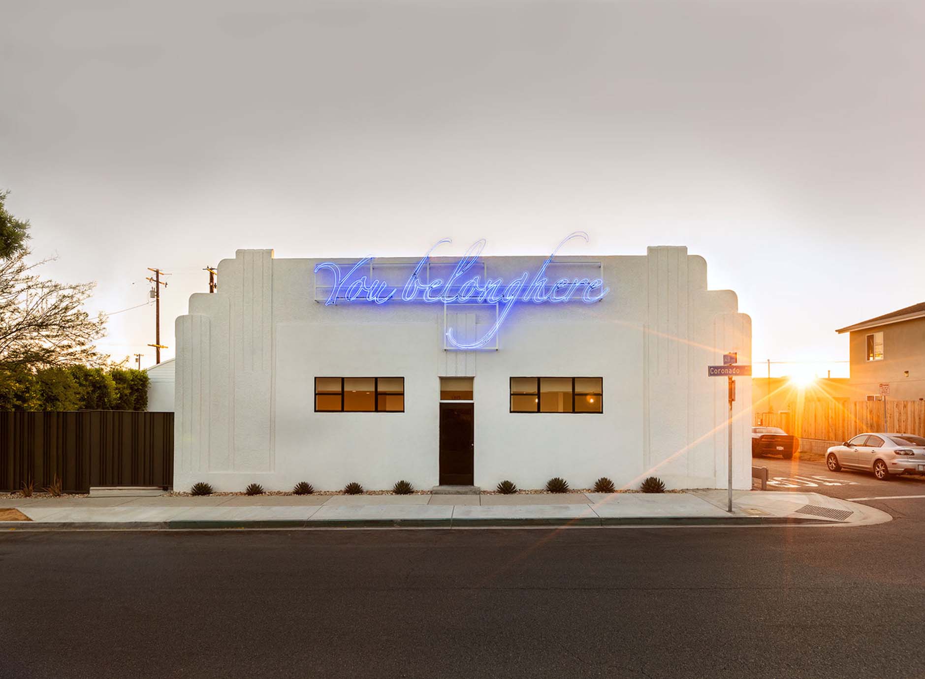 Tavares Strachan’s You Belong Here (Blue #1) (2019) installed on the exterior of Compound. 