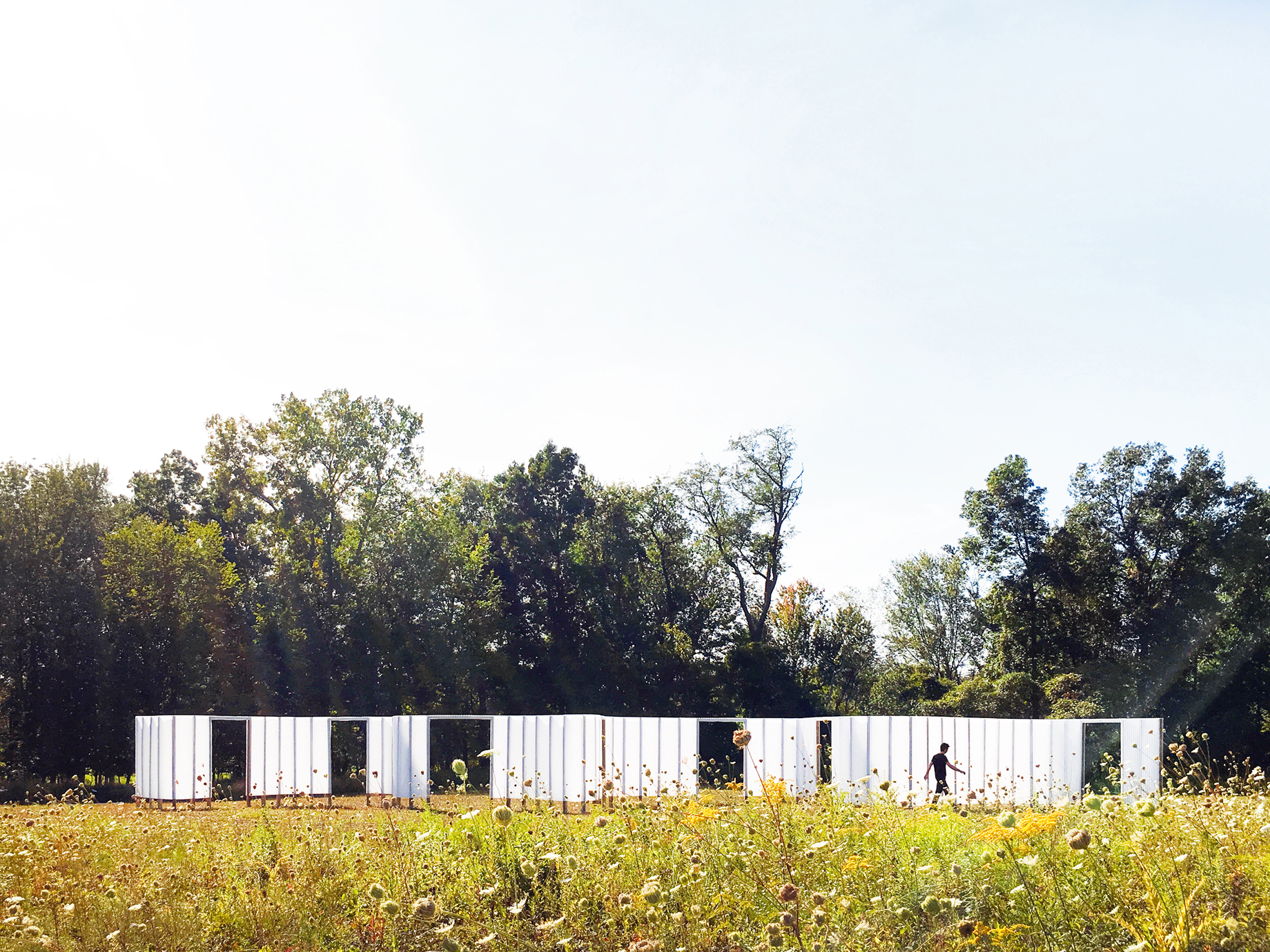 At Art Omi in Ghent, New York, Studio Cadena’s Over the Line (2017-2019) temporary installation created an undulating architectural boundary on its natural site.