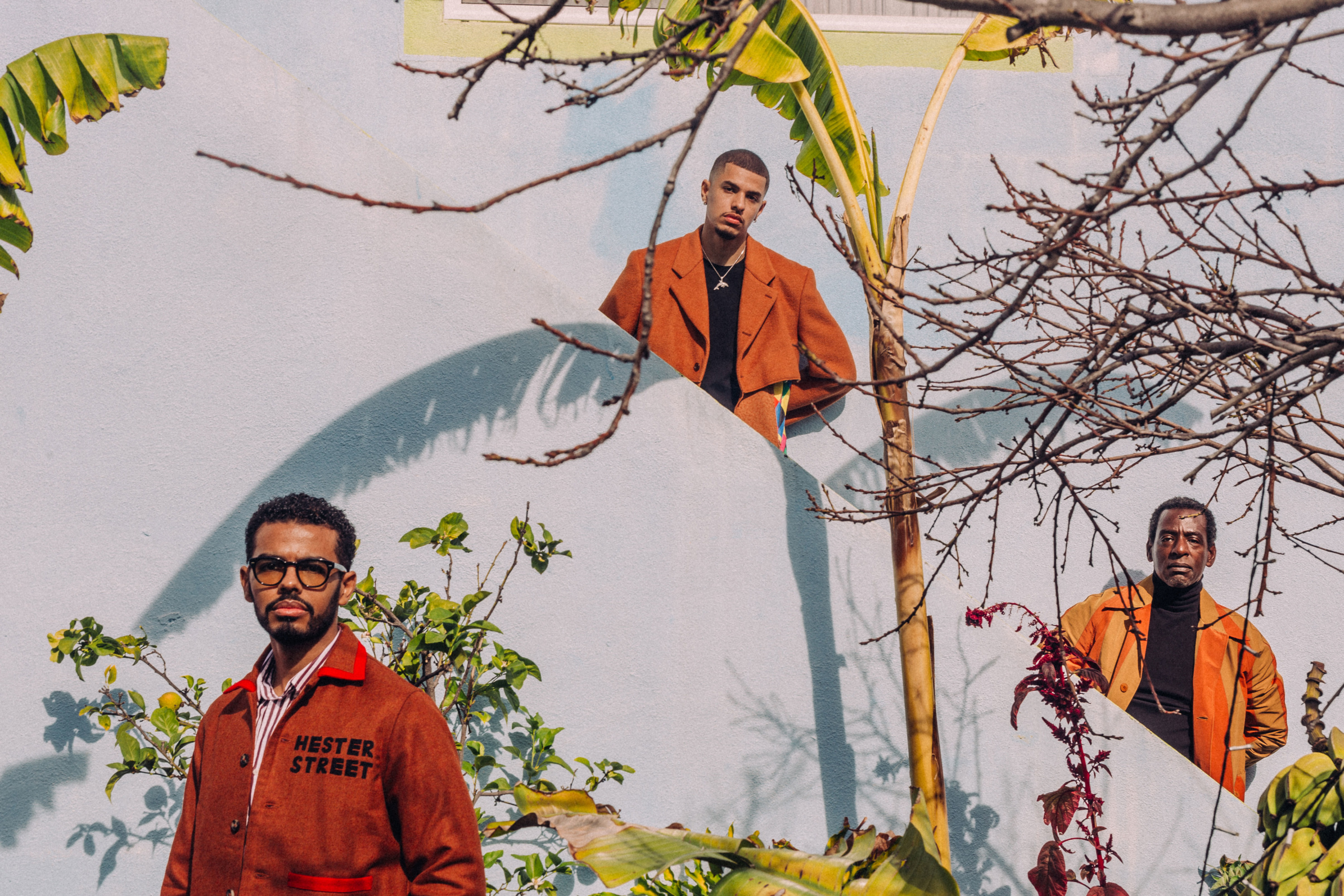 Kohshin Finley wears a Bode coat, Delfin Finley wears Comme Des Garçons Homme Plus coat and Ron Finley in a Bode coat. Styled by Lisa Jarvis and Union Los Angeles.