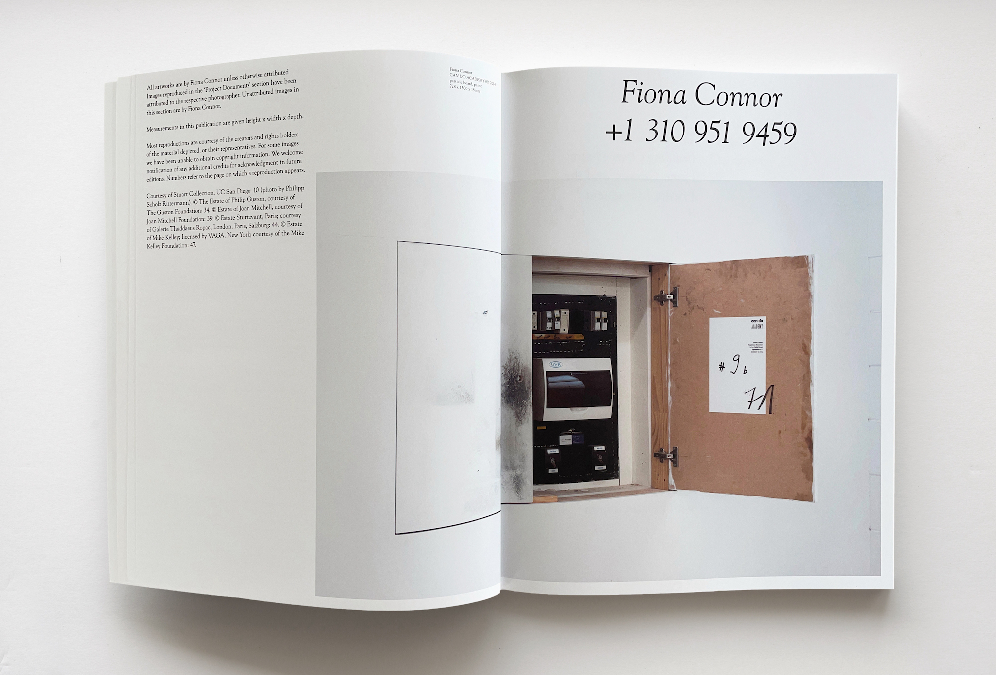 Open spread of Fiona Connor's "+3109519459" book open to cover page