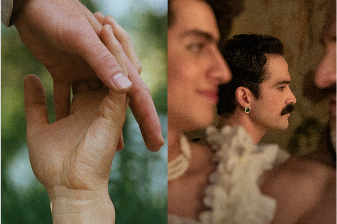 Two holding hands; man with mustache at party queer films