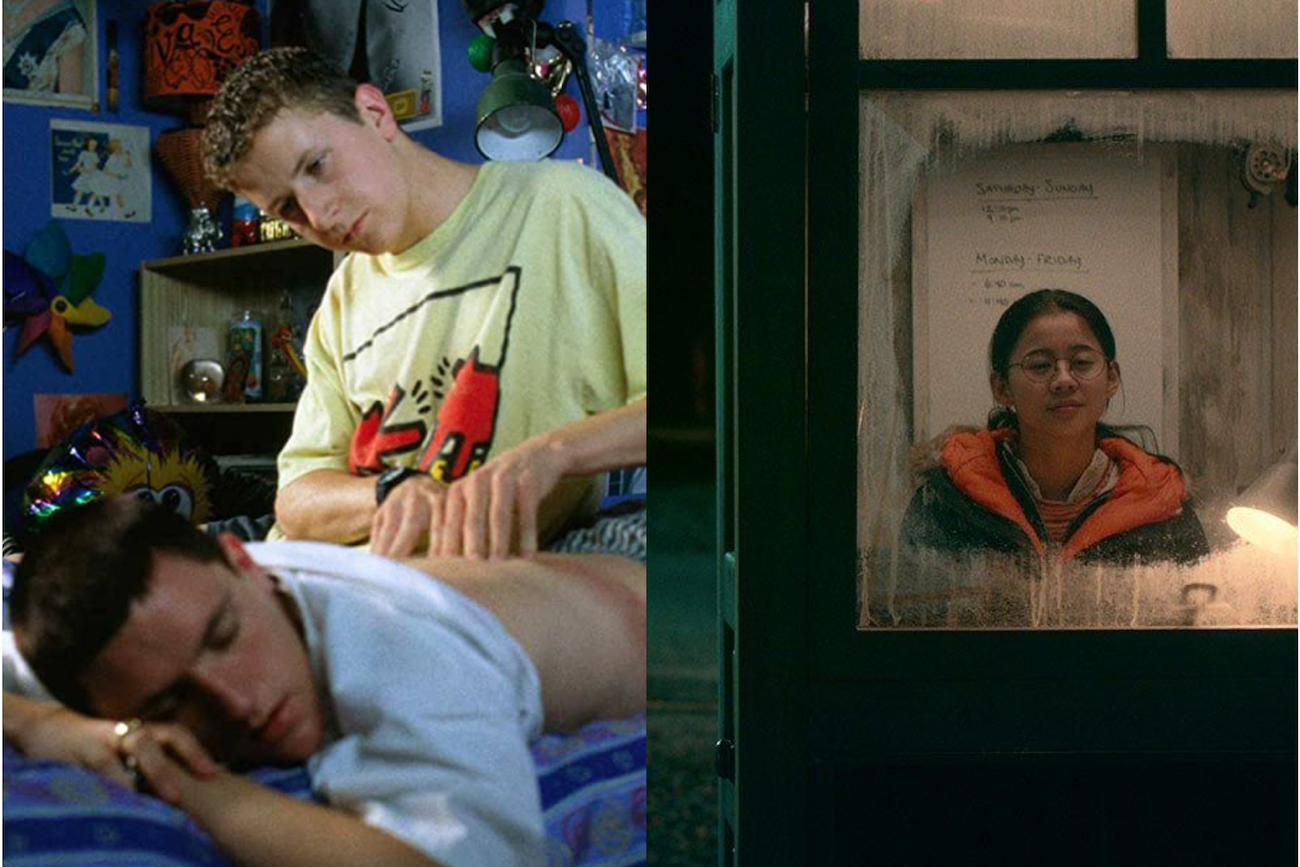 Two teenage boys; girl sitting in telephone booth queer films