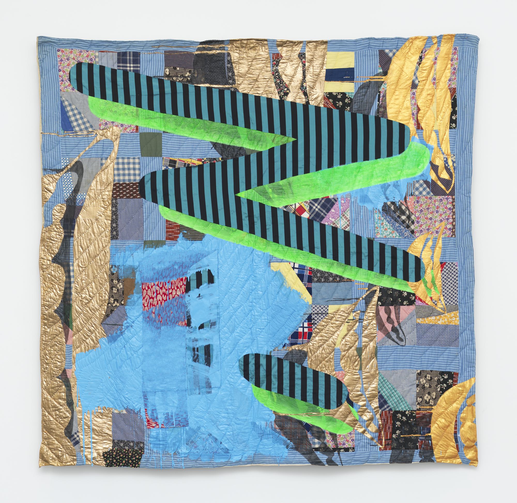 quilt by sanford biggers, with abstract image overlayed with a zigzag shape