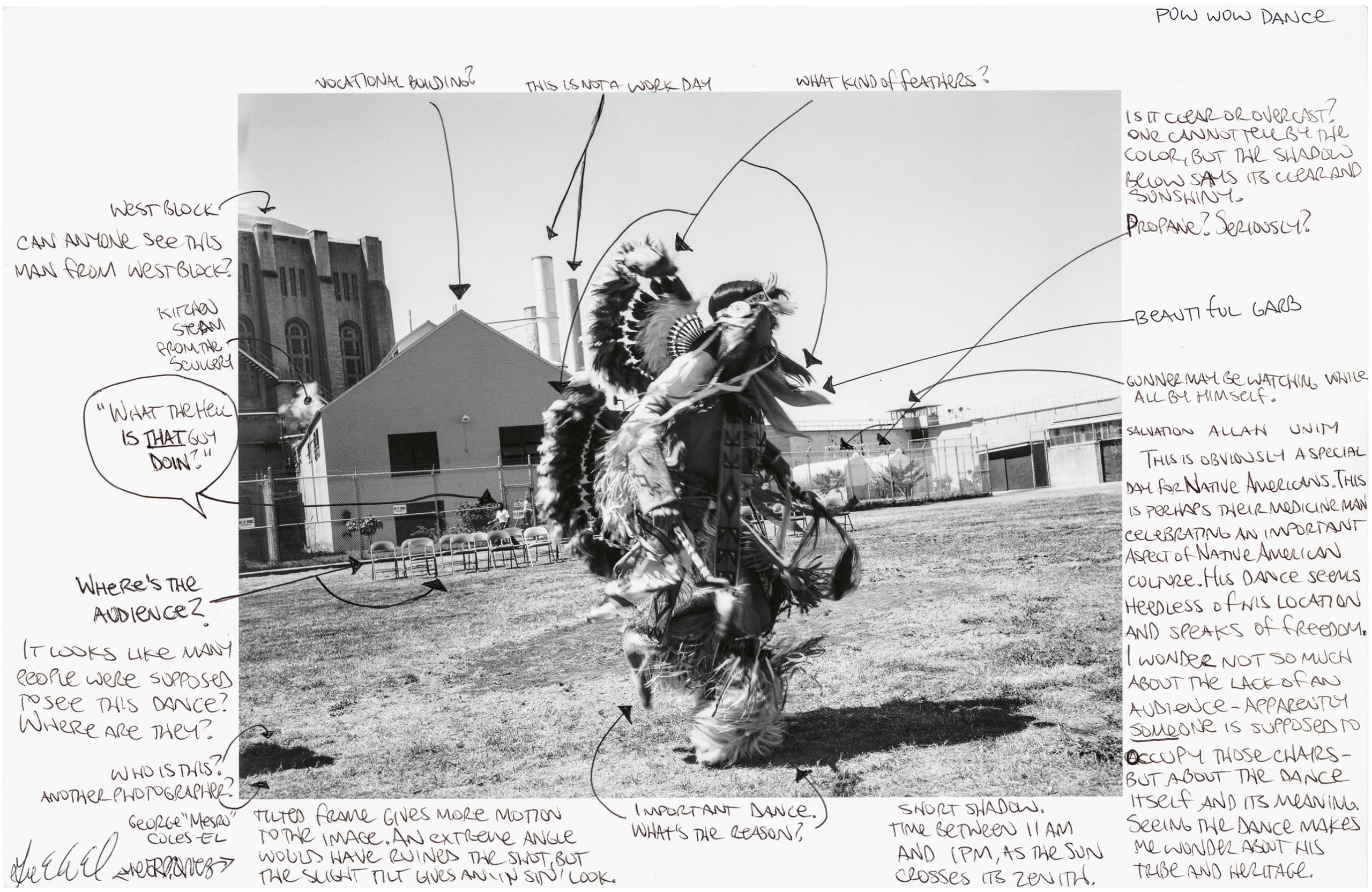 photograph of man dressed in traditional Native American wears in prison yard; scan of the image surrounded by handwritten notes