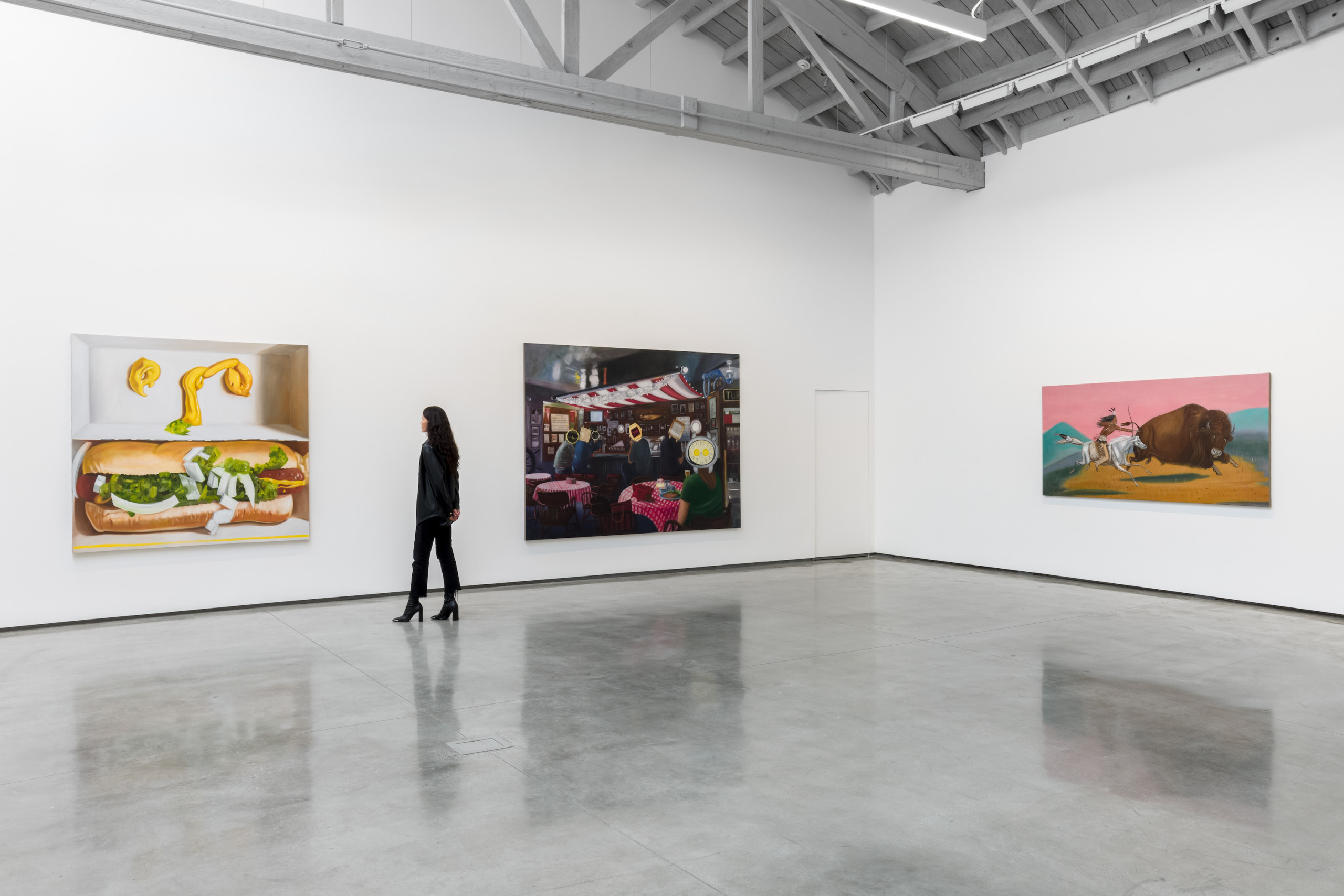 installation view of david kordansky gallery with 3 paintings