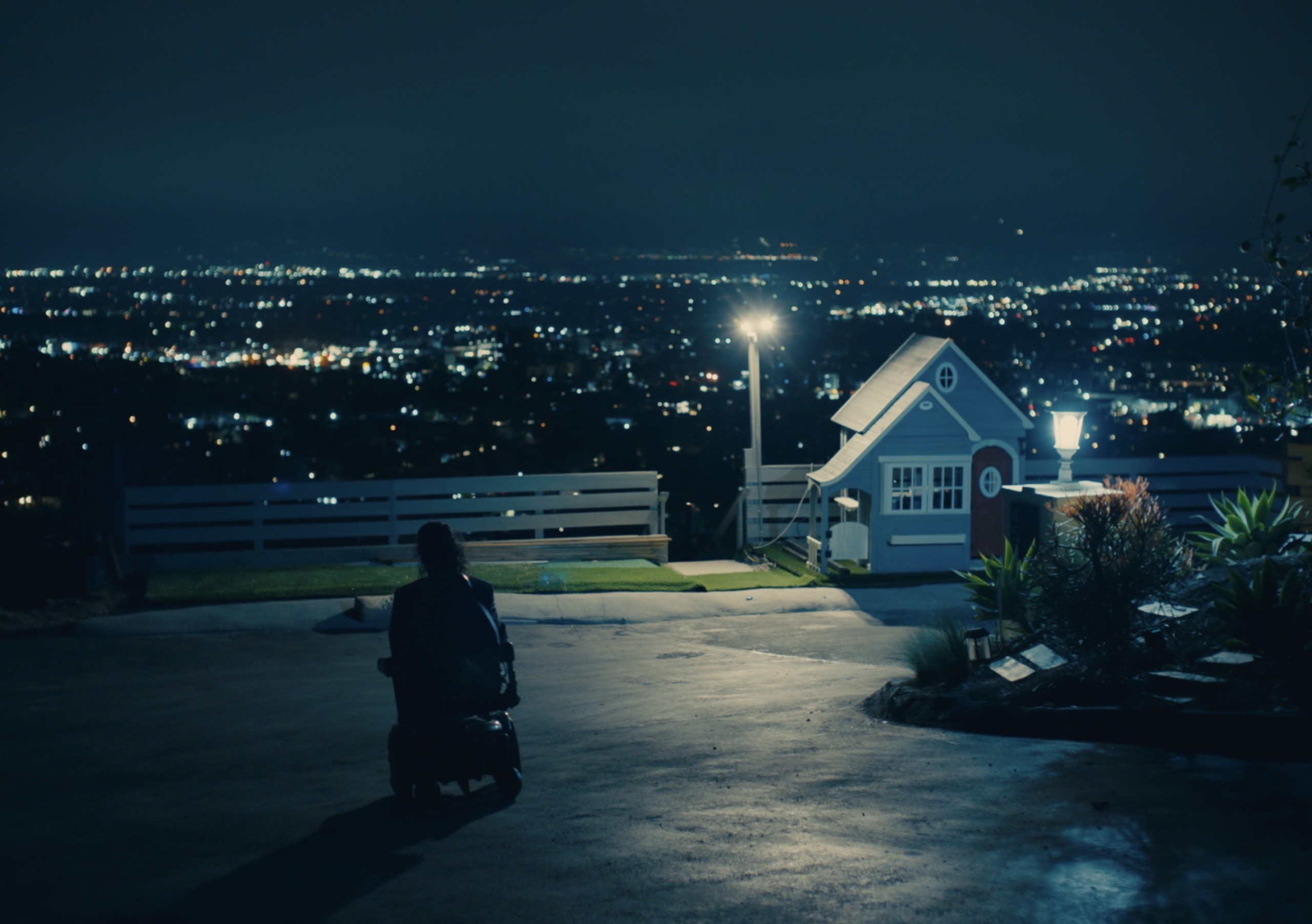 view of man in wheelchair's back as he looks over los angeles skyline