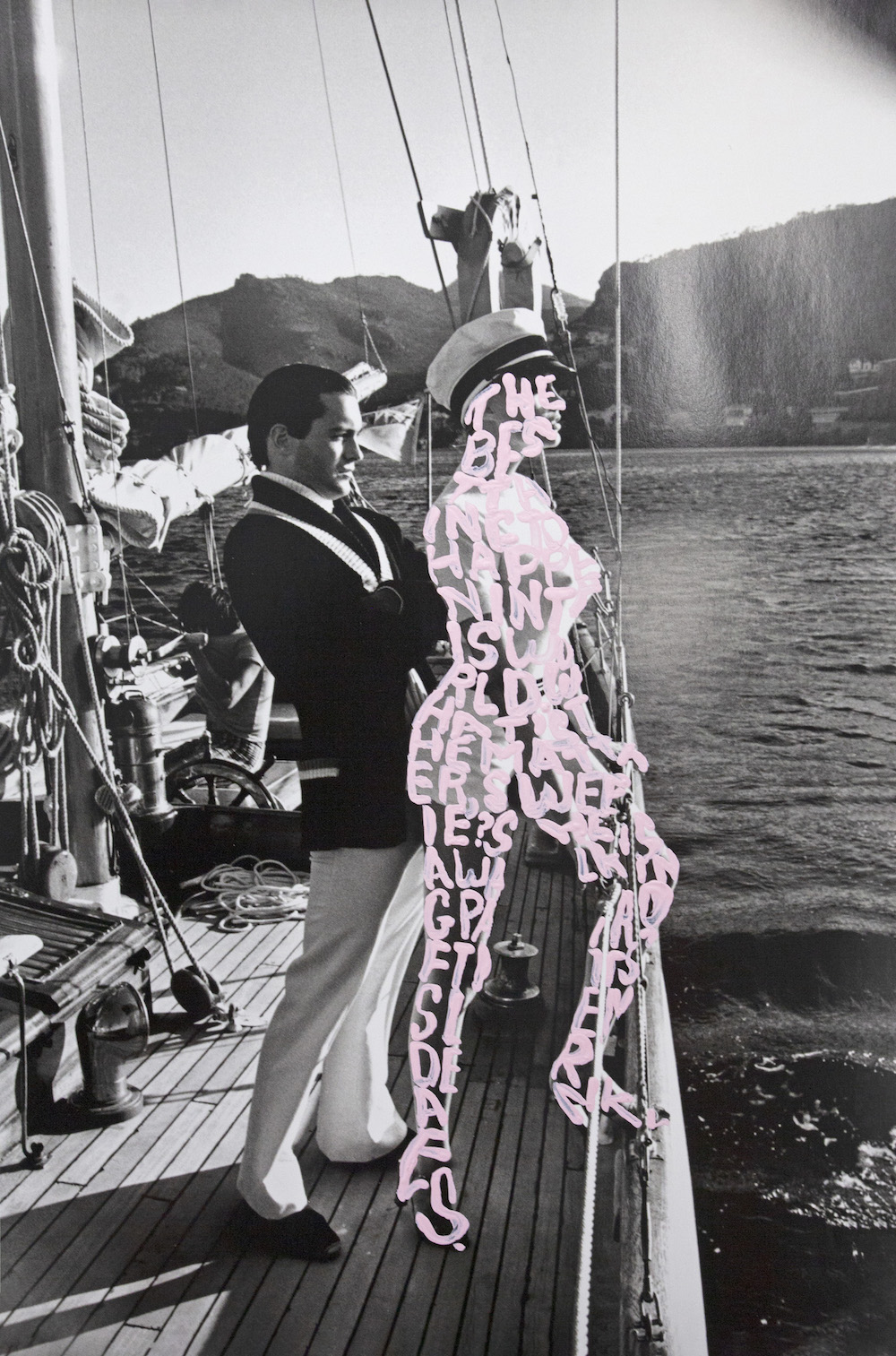 work by betty tompkins of photo of man and woman on sailboat with the woman covered in light pink words