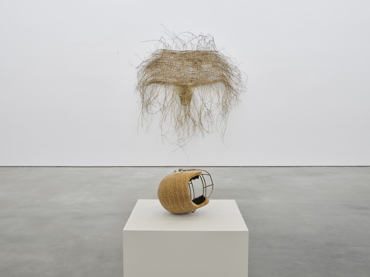 basketball hoop made of straw and straw-colored football helmet (resting in front of hoop) by hugh hayden in gallery space