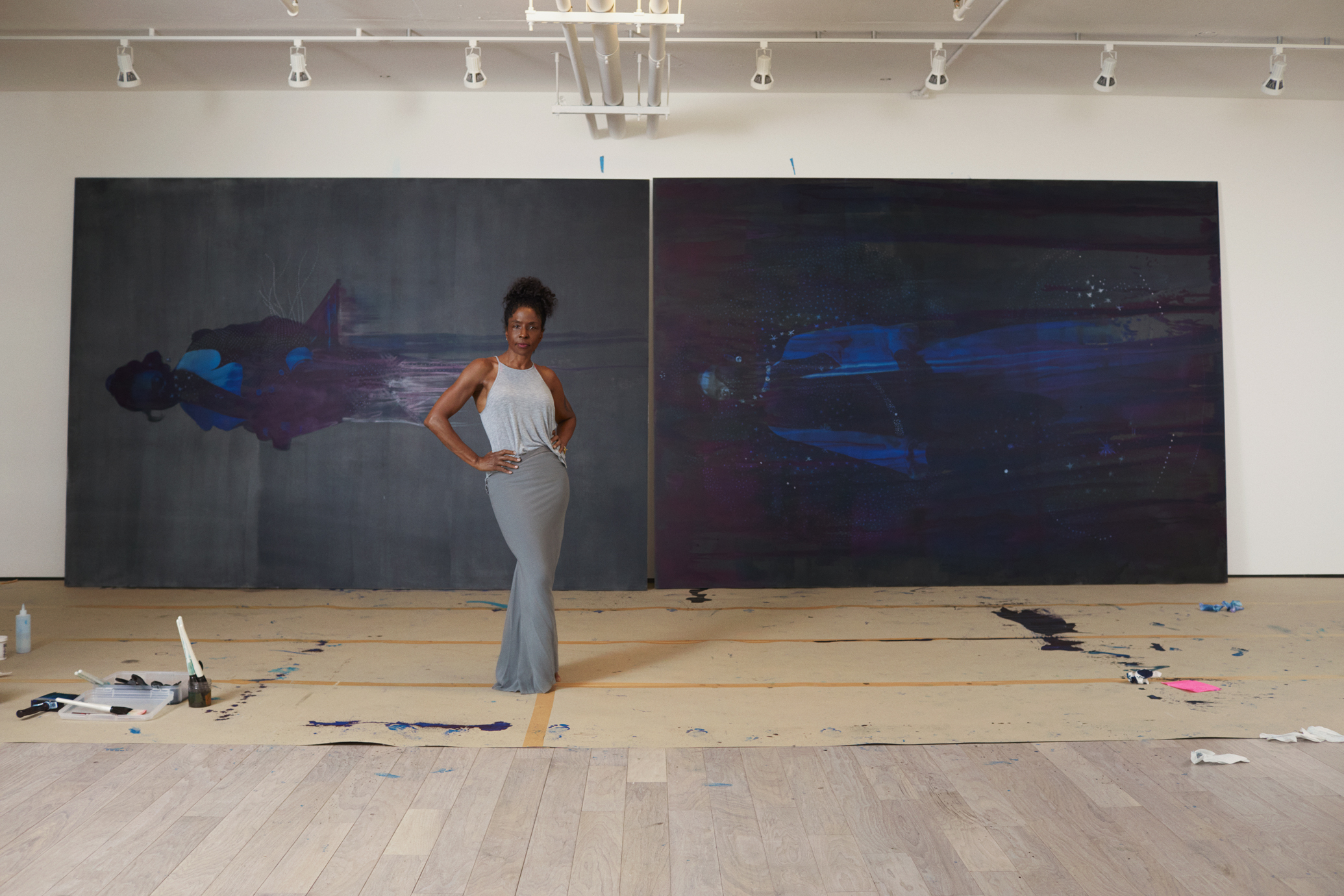 Lorna Simpson in the studio with works in progress.