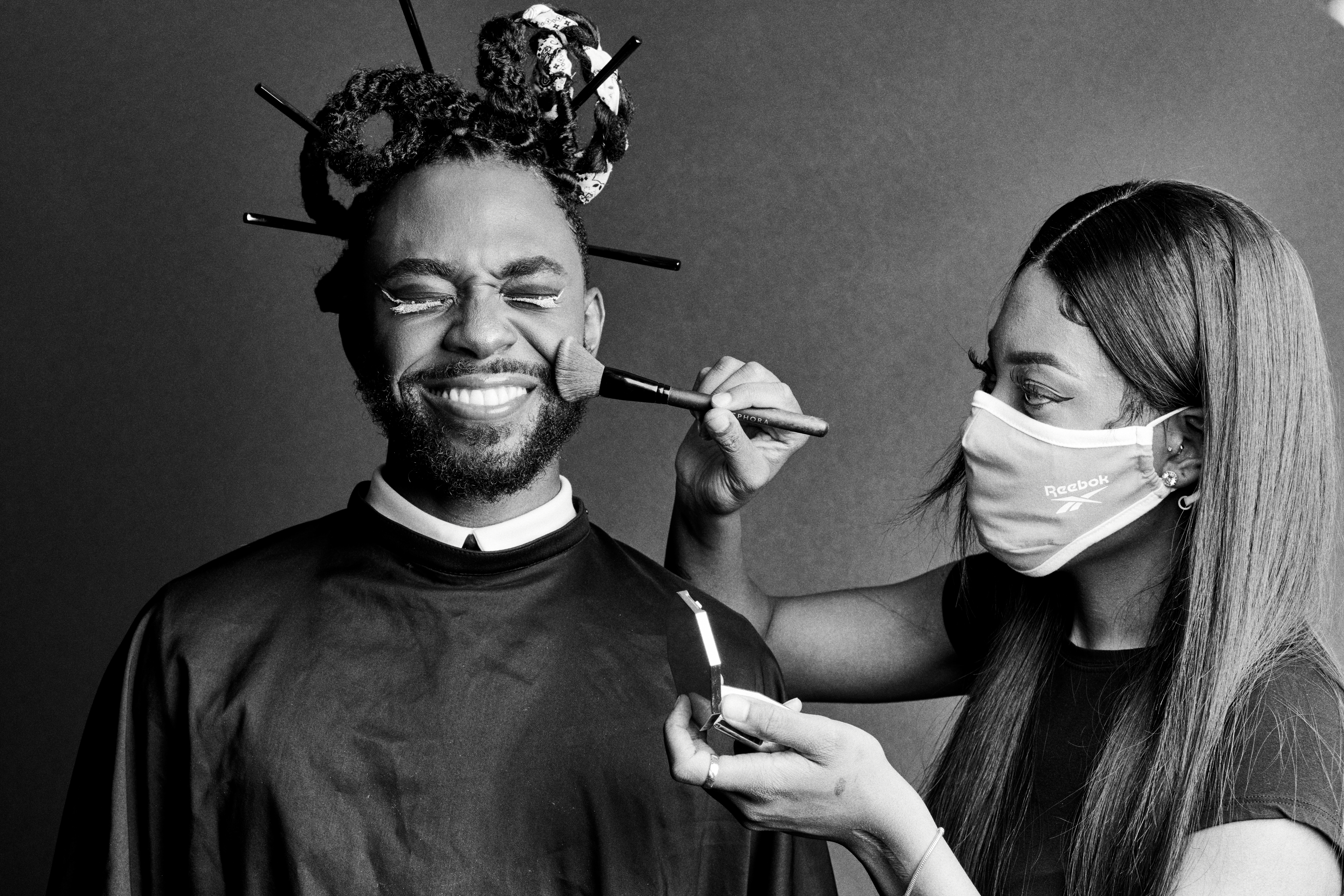 Lazarus Lynch gets ready for the 2021 Met Gala with their glam squad. Photography by Evan Lee. 