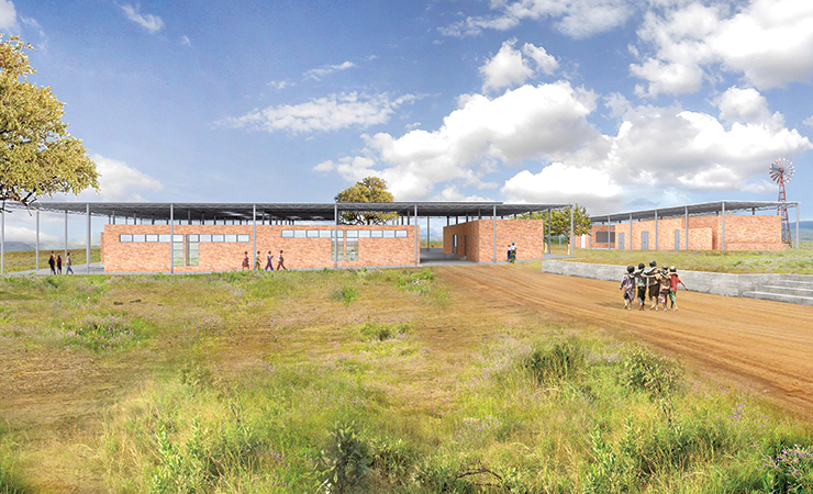 A rendering of a new school in Mwabindo Village designed by Selldorf Architects.