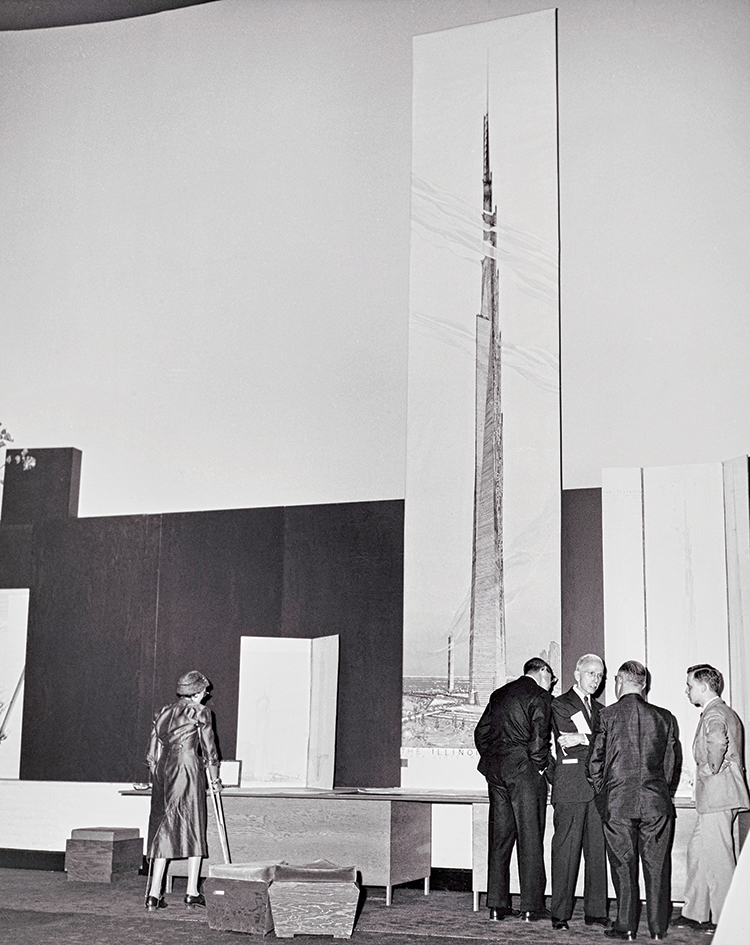 The unveiling of the Mile-High Illinois at a press conference in Chicago, 1965, pulled from the Frank Lloyd Wright archive.