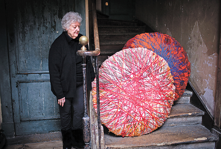 Sheila Hicks with a soft stone sculpture created with Loro Piana threads at the MiArt fair in Milan in April. Courtesy of brand. 