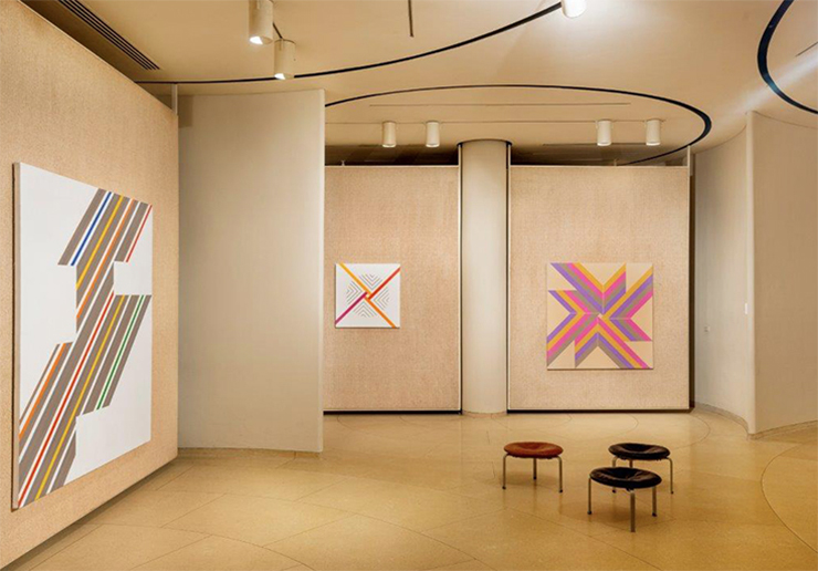 An installation view of Elaine Lustig Cohen’s work at The Glass House.