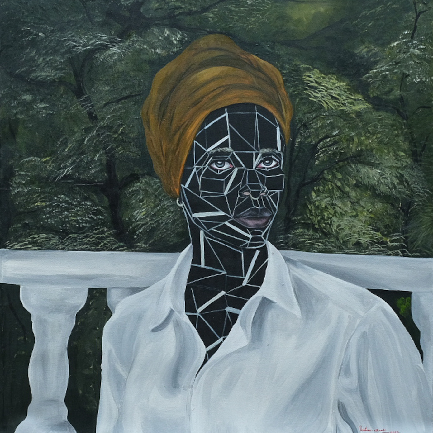 artwork showing woman on balcony