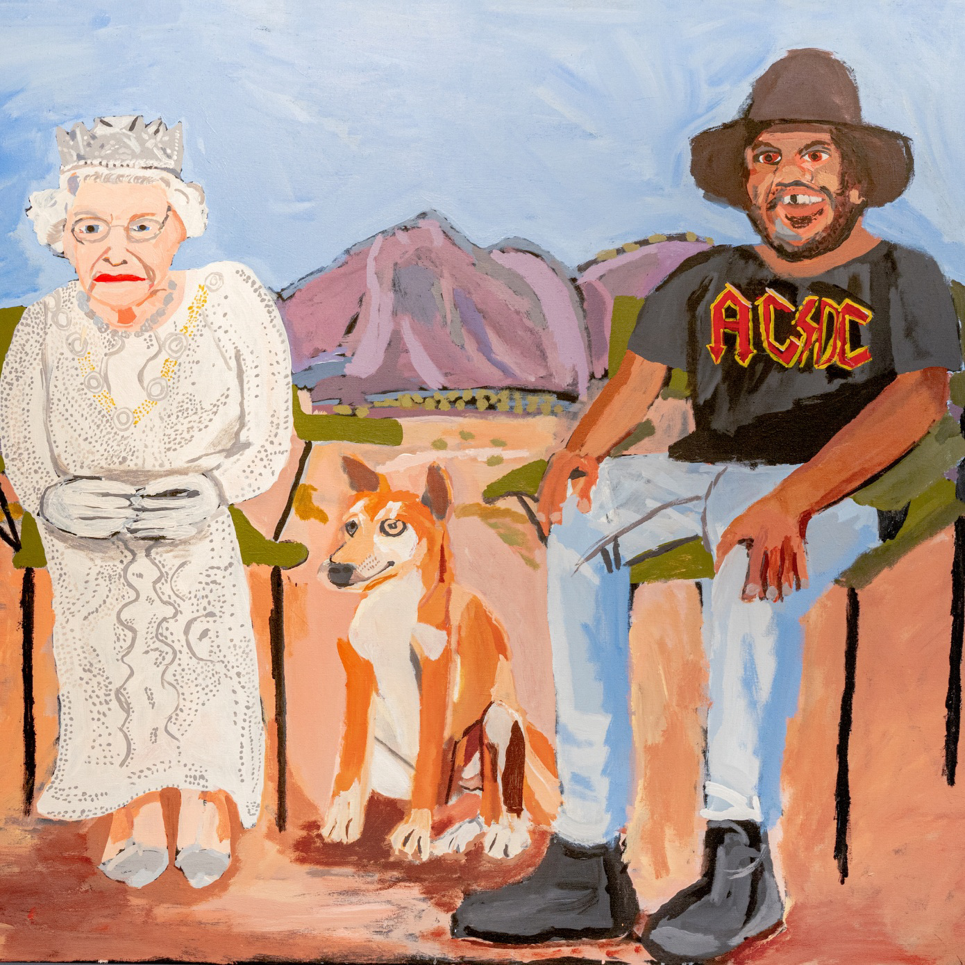 painting of Queen Elizabeth II in formal attire next to indigenous man wearing AC/DC tshirt in jeans against mountain background