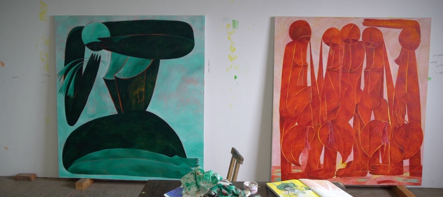 two paintings in the studio