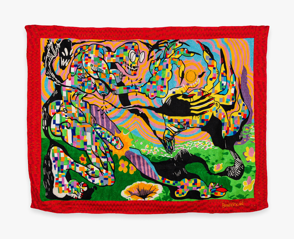 Praise around the Seed, 2022, Basil Kincaid. Embroidery and hand-woven cotton fiber on canvas; 67 x 88 x 1 in (170.2 x 223.5 x 2.5 cm). Courtesy the artist and Venus Over Manhattan, New York.