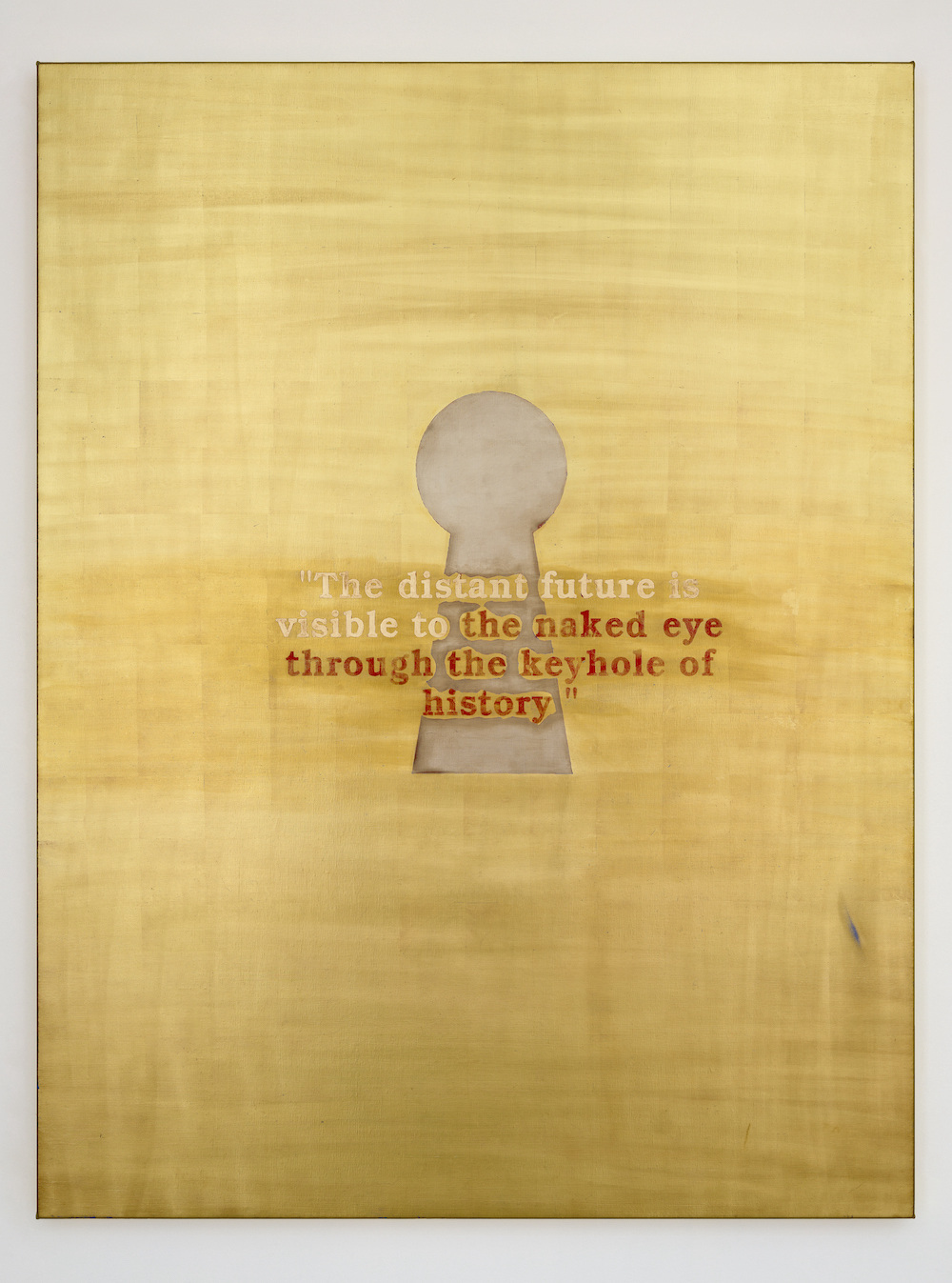 PATRIOT 9, Jenny Holzer, 2022 24k gold and antique gold leaf and oil on linen 259.7 x 200.7 cm / 102 1/4 x 79in. Image coutesy the artist and Hauser & Wirth. Photography by Filip Wolak.