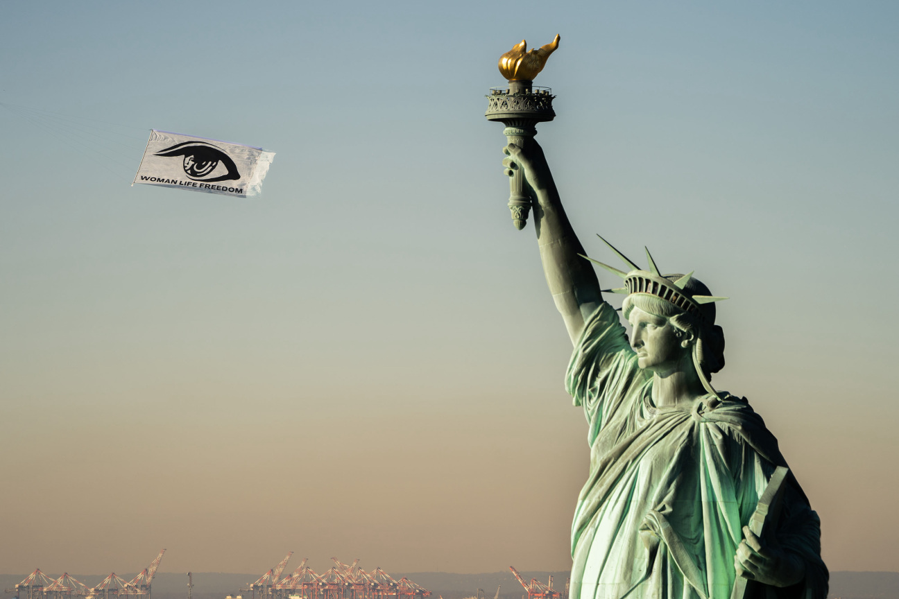 Woman Life Freedom, Flying Eyes over New York with Statue of Liberty, by Mahvash Mostala, 2022.