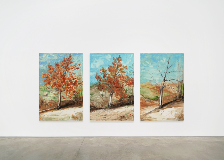 three paintings hung in a row showing tree losing leaves