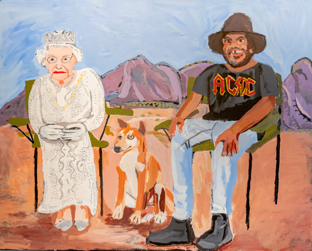 painting of Queen Elizabeth II in formal attire next to indigenous man wearing AC/DC tshirt in jeans against mountain background