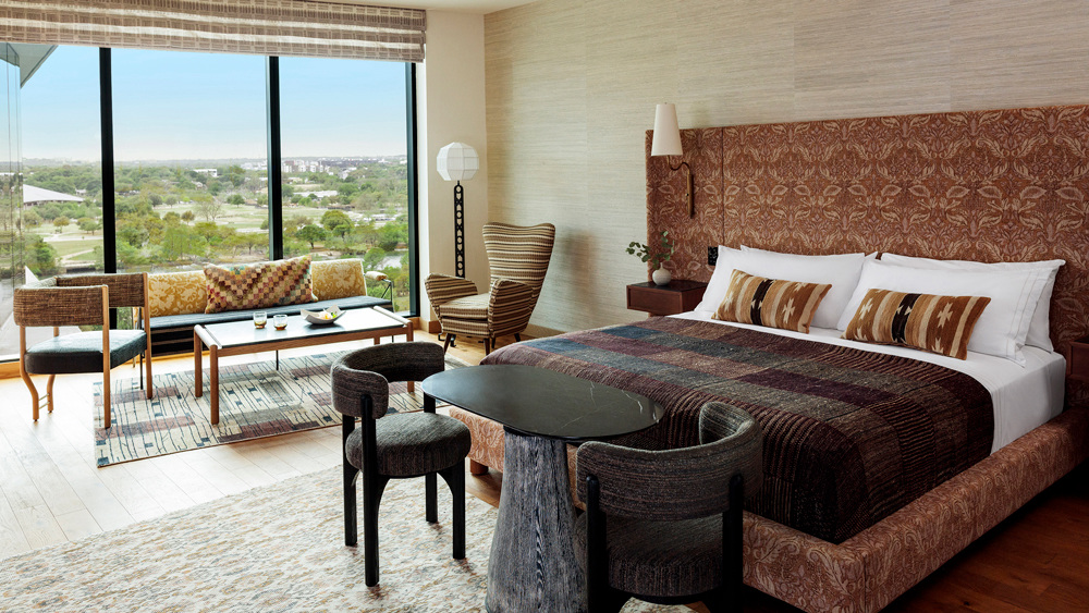 A bedroom with a view at the Austin Proper Hotel.