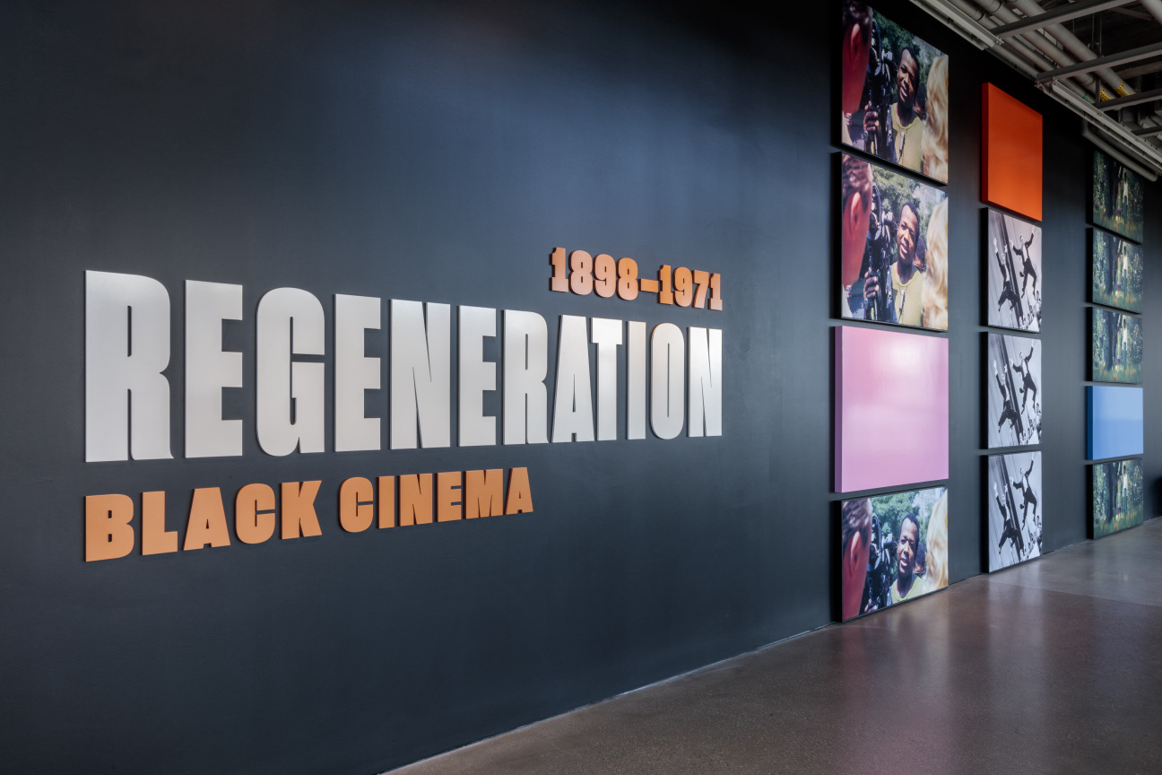 Title wall titled <em>Regeneration: Black Cinema 1898-1971</em> at the Academy Museum of Motion Pictures.
